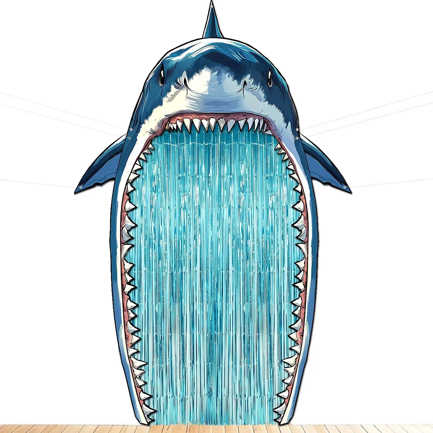 Shark Party Porch Banner With Blue Foil Fringe Curtains Shark Birthday Party Decorations Ocean Themed Door Covers Blue Sharks Door Hanging Banner Photo Backdrop for Entryway Event Venue Styling Decor