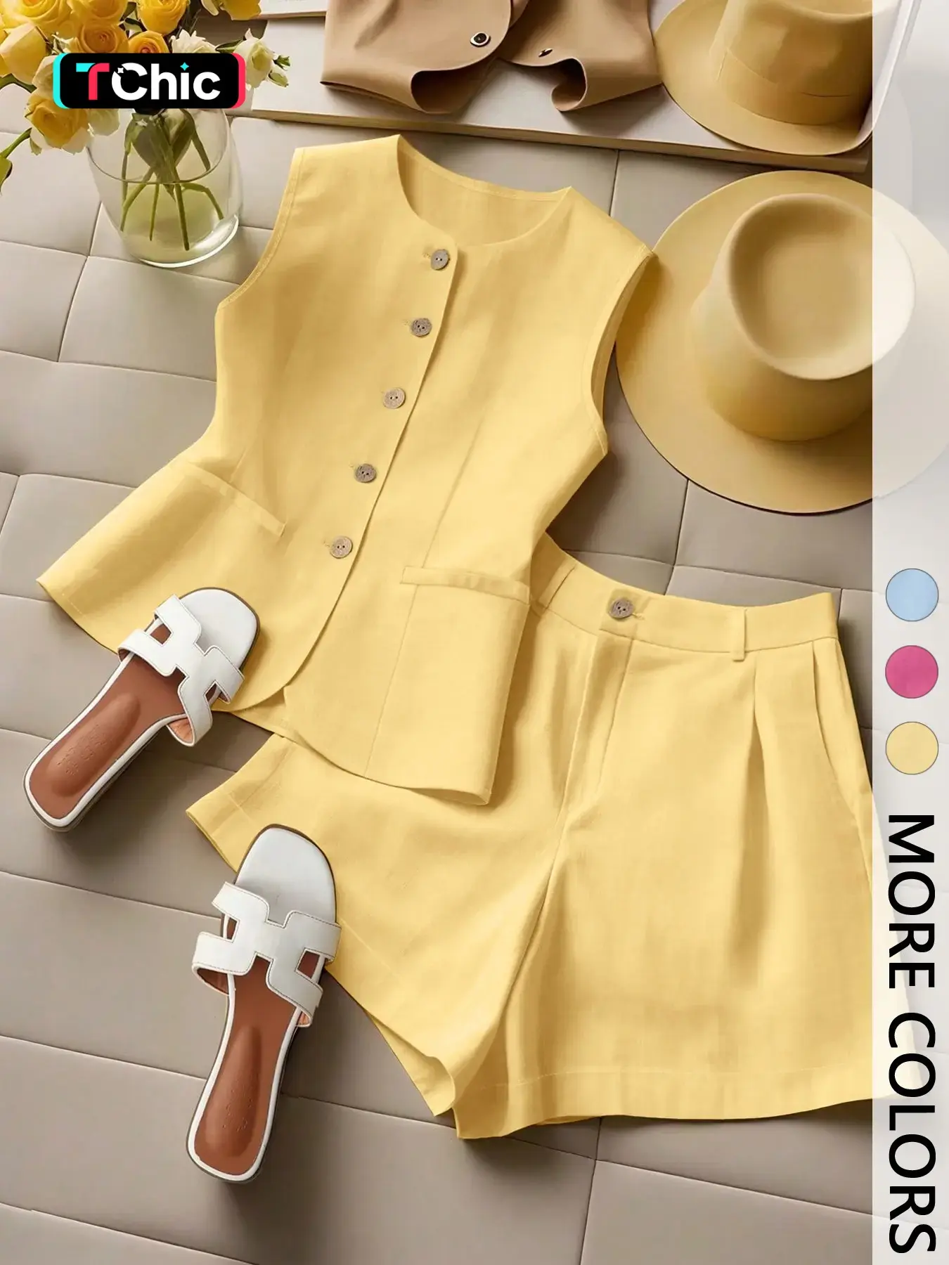 Women's Button Front Sleeveless Top & Shorts Set, Casual Comfortable Two-Piece Set, Fashion Chic Vacation Ensemble
