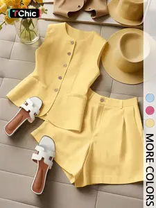 Women's Sleeveless Button Open Front Cardigan and Shorts Set, Suits, Casual Comfortable Chic Vacation, 2-Piece Fashion Ensemble