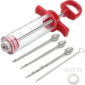 Turkey Injector Syringe (3 Stainless Steel Meat Needles +3 Replacement O Rings + 1 Cleaning Brush) for Turkey Smoked BBQ, 1-oz Plastic BBQ Marinade Injector Kit, Meat Injector