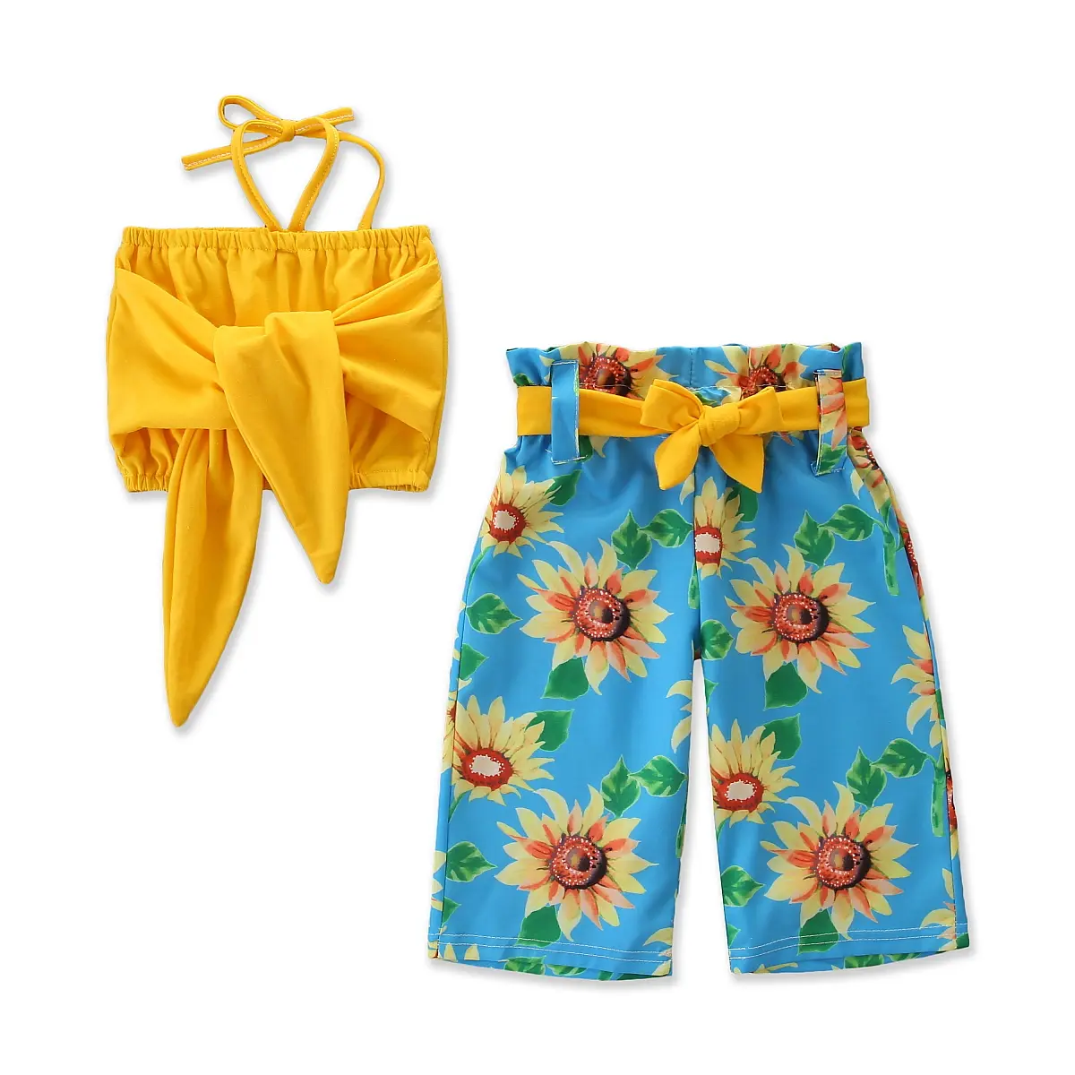 2Pcs Summer Outfit Baby Girl Halter Tie Front Crop Top Sunflower Print High Waist Bow Long Pants Kids Casual Beach Clothes Set