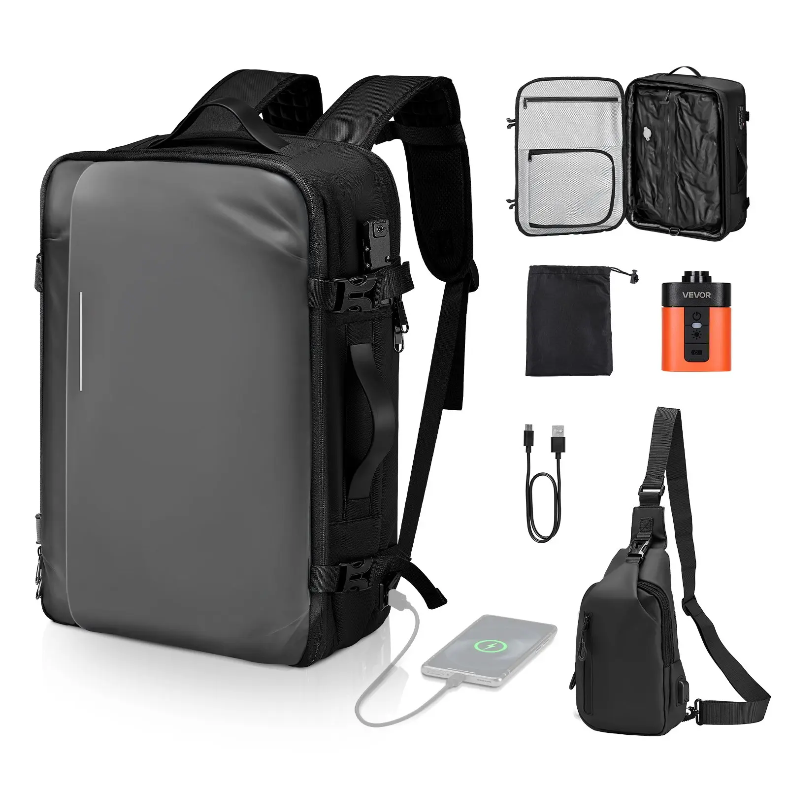 VEVOR PVC High-Capacity 65L Expandable Vacuum Travel Backpack with Effortless Vacuum Seal Compression Pump, TSA-Approved Lock, USB Port, Mini Compass, Water-Resistant Airback Vacpack Carry-On Luggage for Business, Gray