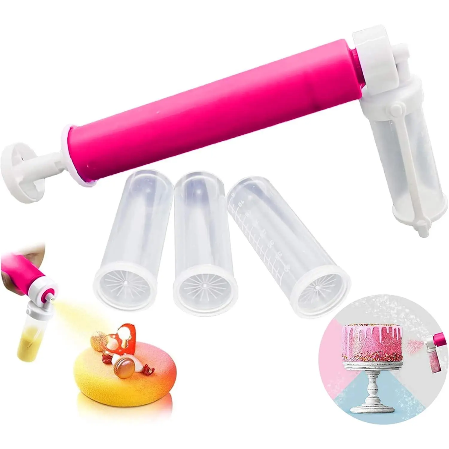 Manual Cake Airbrush Decorating Kit, Pink DIY Baking Glitter Coloring Spray Gun with 4 Tubes, Kitchen Tool for Cupcakes Cookies Desserts