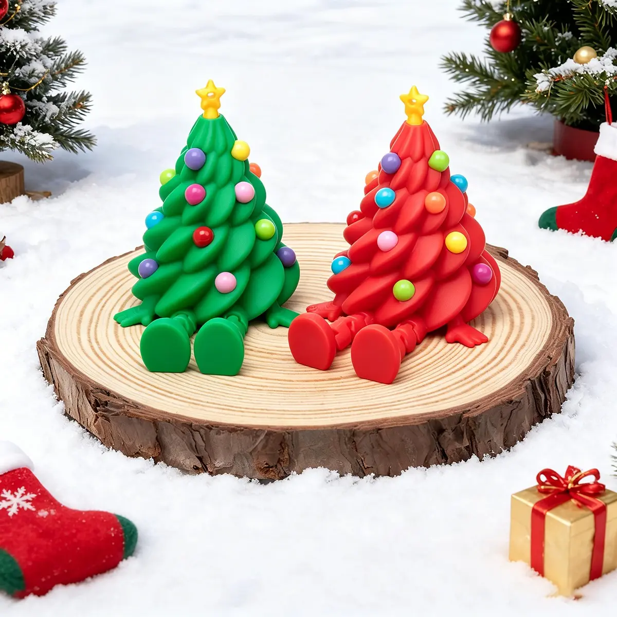 Colorful Movable 3D Printed Christmas Tree Statue, Articulated Joint Xmas Desktop Decoration, Cute Holiday Figurine, Home Tabletop Ornament