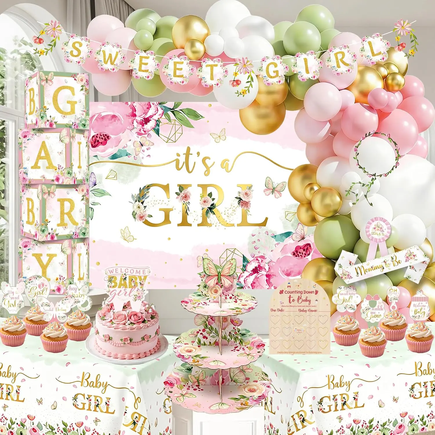 Floral Baby Shower Decorations for Girl, Pink Green Gold Baby Girl Baby Shower Decorations, Rose Gender Reveal Party Supplies with It's a Girl Backdrop Balloon Arch Cupcake Stand Baby Box with Letter