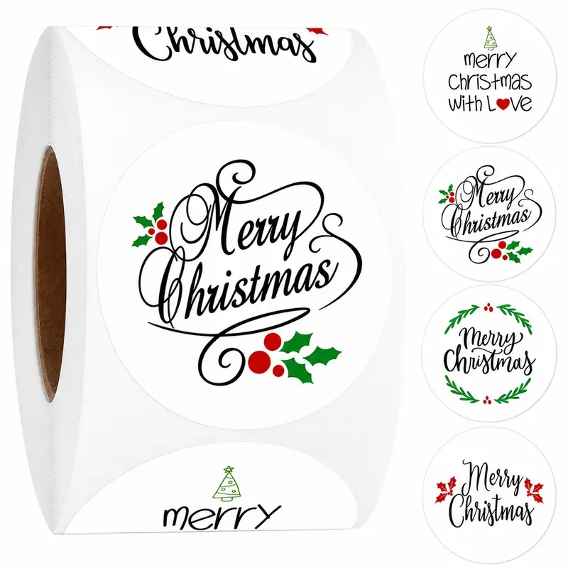 500PCS Christmas Stickers Roll, Merry Christmas Round Self Adhesive Labels, Holiday Gift Wrapping Seals, Envelope Decoration Stickers for Christmas Party Packaging