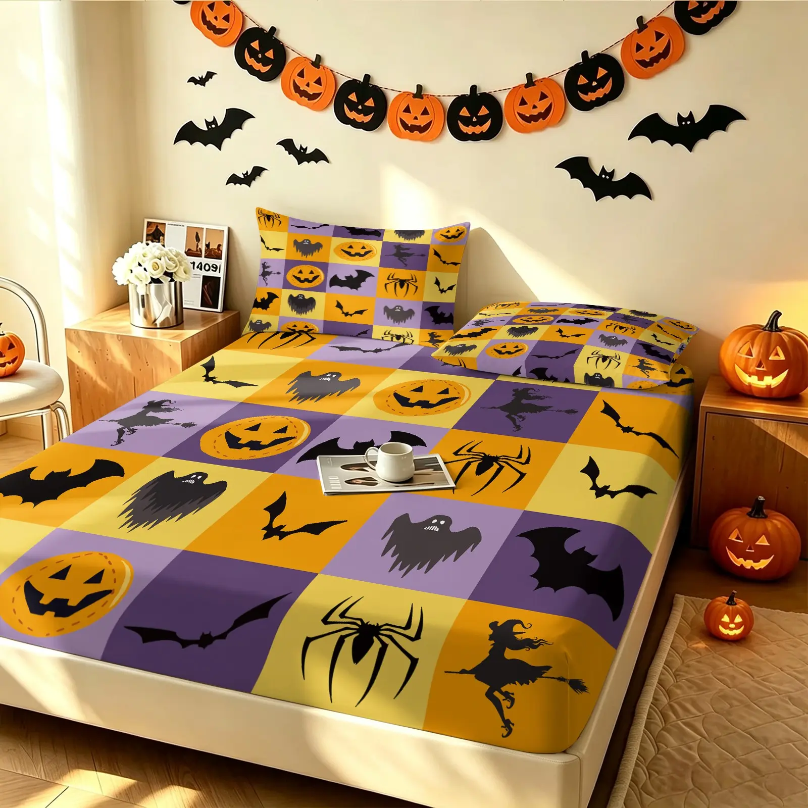 Cozy Halloween Aesthetic Ins‑style Yellow‑Purple Checkerboard Spooky Print Fitted Sheet Set Include 1 Fitted Sheet and 2 Pillowcases (No Inner Fillings), Soft Plush Fabric, Great For Home Decor And Seasonal Gifts