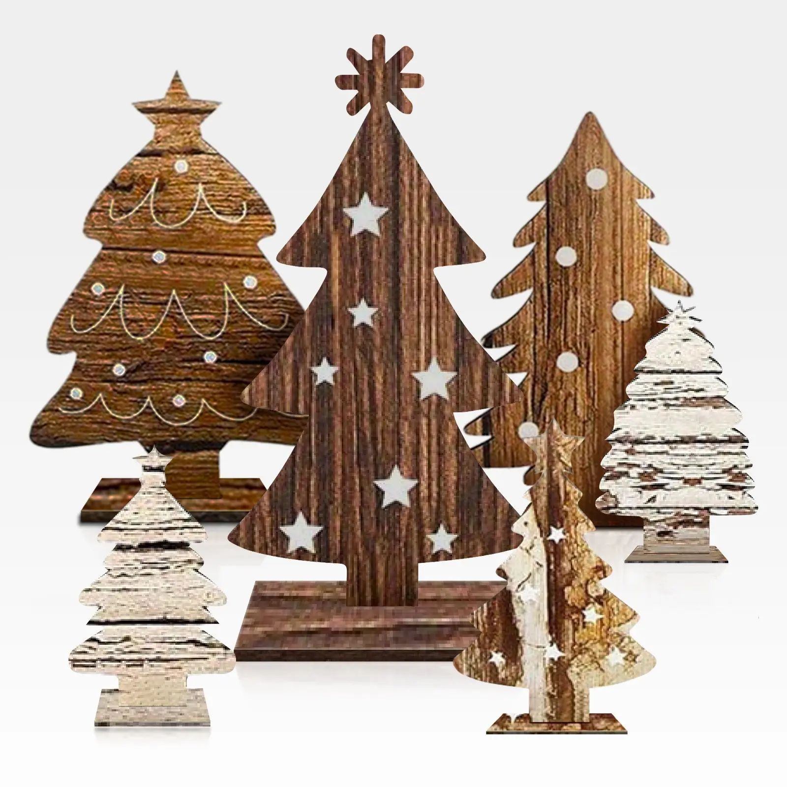 Rustic Farmhouse Christmas Decoration Set, 6 Piece Wooden Tree and Sign, Vintage Desk Centerpiece, Western Christmas Decor, Statue Ornament