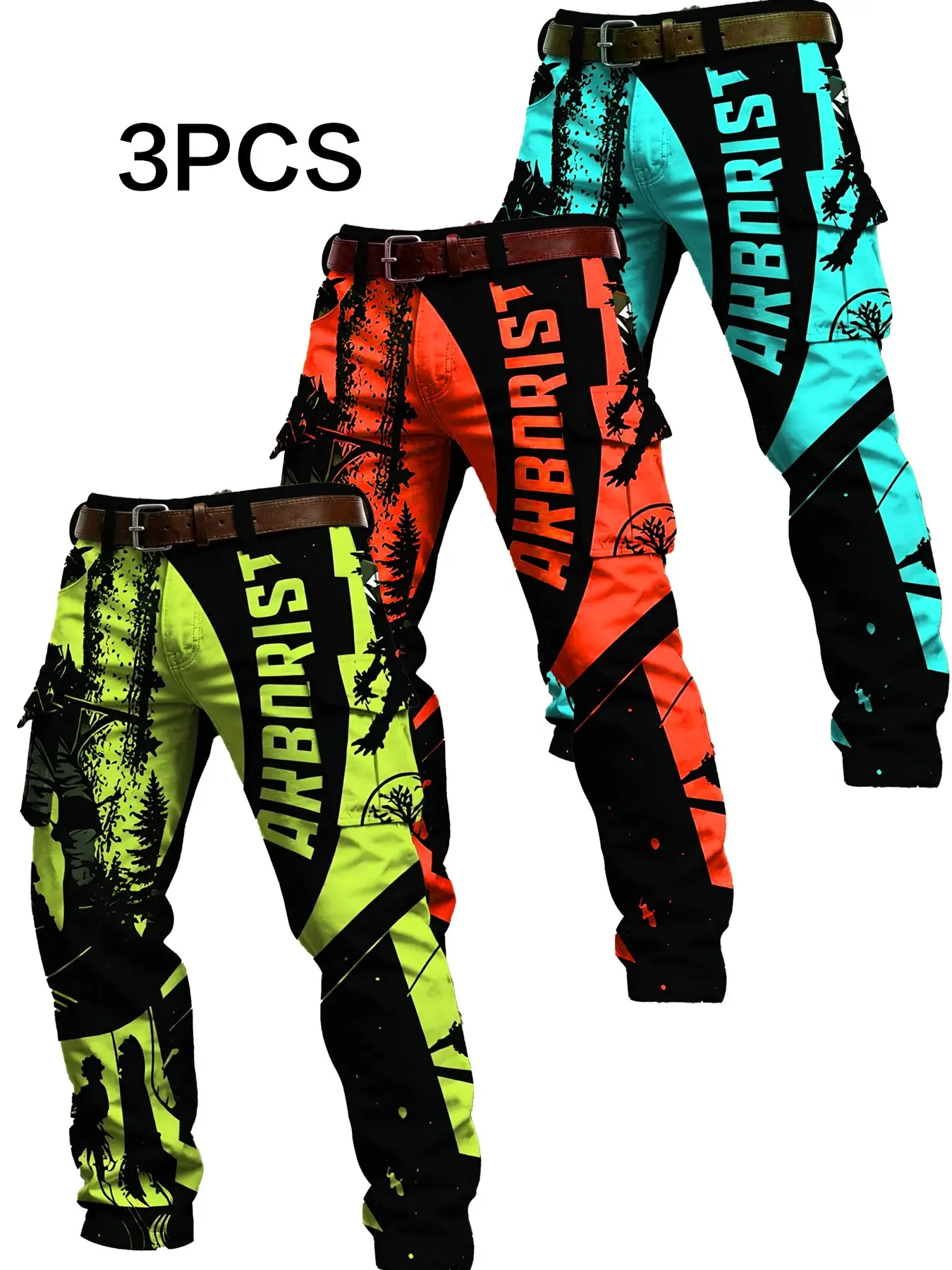 3-Pack Men's Colorblock Letter Print Work Pants, Multi-Pocket Functional Ankle-Length Casual Long Pants, Trendy Streetwear Style