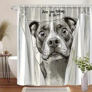 1pc "Pit Bull Shower Peeker" Shower Curtain - Gray Scale Pit Bull, Big Eyes, Humorous "Are You Pooping? "Text, Durable Polyester Fiber, Hooks Included For Bathroom Decoration, Funny Shower Curtain, Lively Design, Easy To Maintain