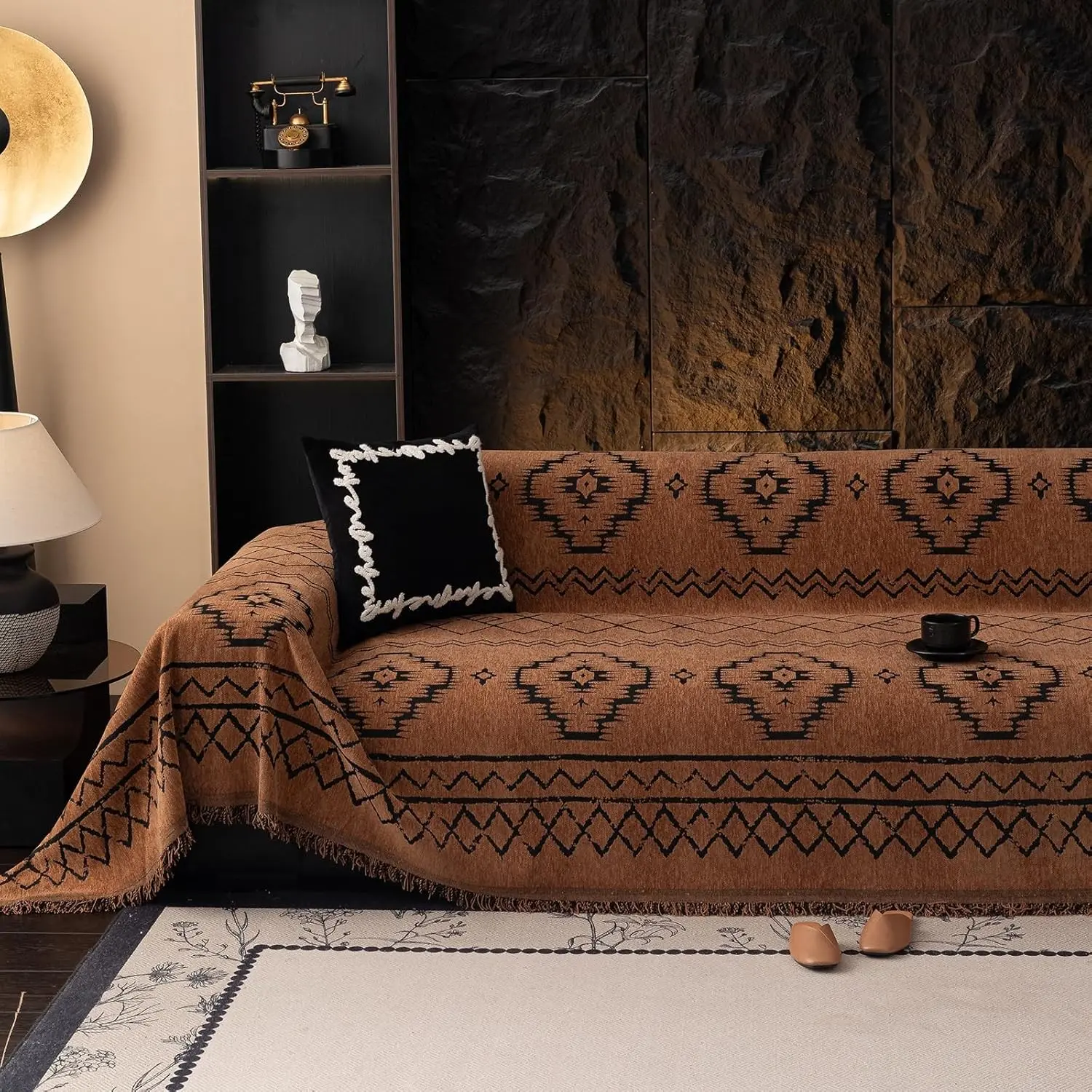 Bohemian Sofa Covers Chenille Couch Cover for Sectional Couch, Soft Non Slip Couch Covers for 3 Cushion Sofa Breathable Sofa Furniture Protector Slip Cover for Couch, Pumpkin, 71"X134"