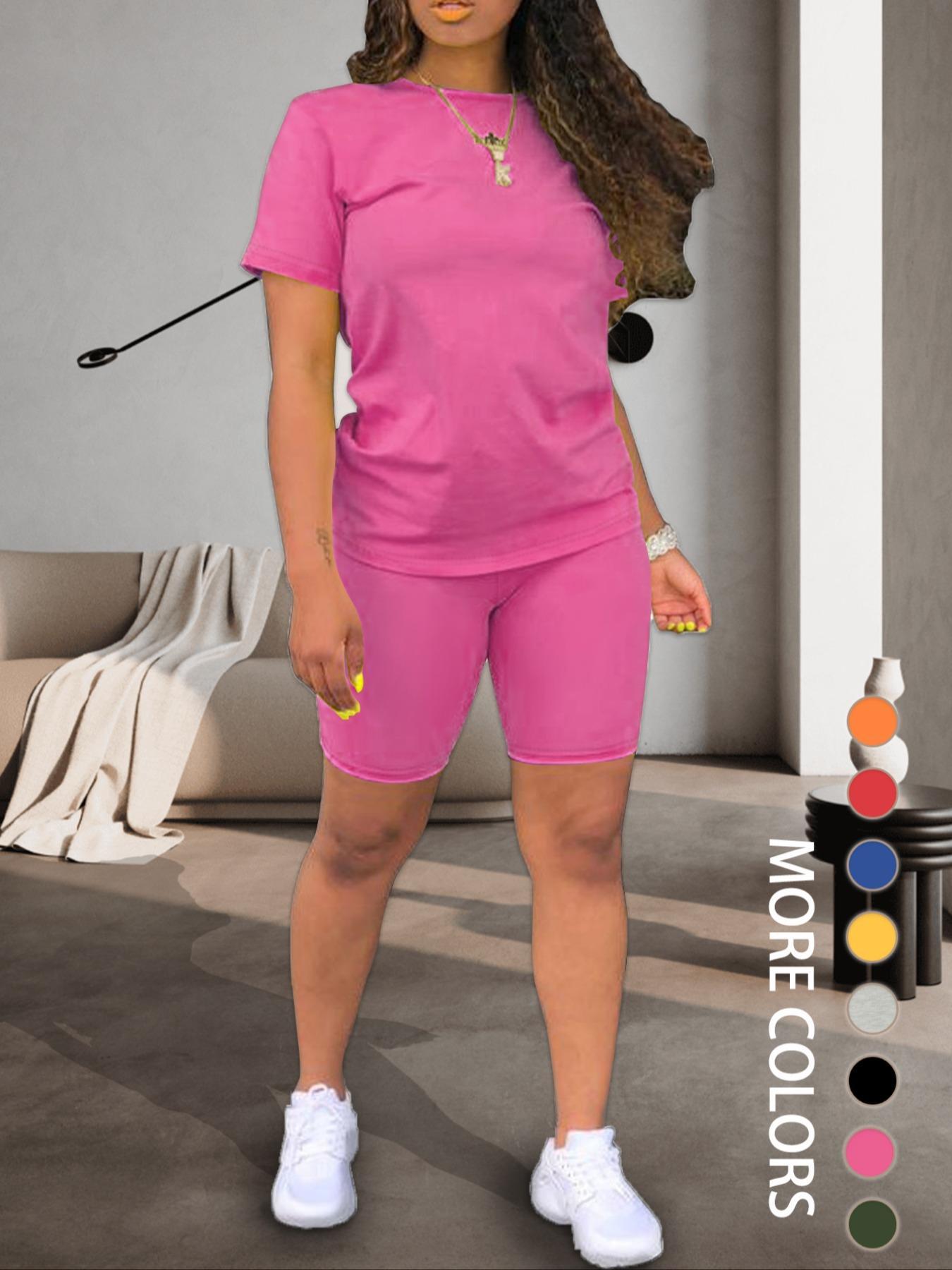 Two-piece Set Women's Fitted Plain Round Neck Tee & Skinny Shorts Set, Summer Clothes Women, Short Sleeve Crew Neck T-shirt & Shorts, Casual Summer Clothes for Outdoor, Cute Summer Outfit Two-piece Set Women's Fitted Plain Round Neck Tee & Skinny Shorts Set, Summer Clothes Women, Short Sleeve Crew Neck T-shirt & Shorts, Casual Summer Clothes for Outdoor, Cute Summer Outfit