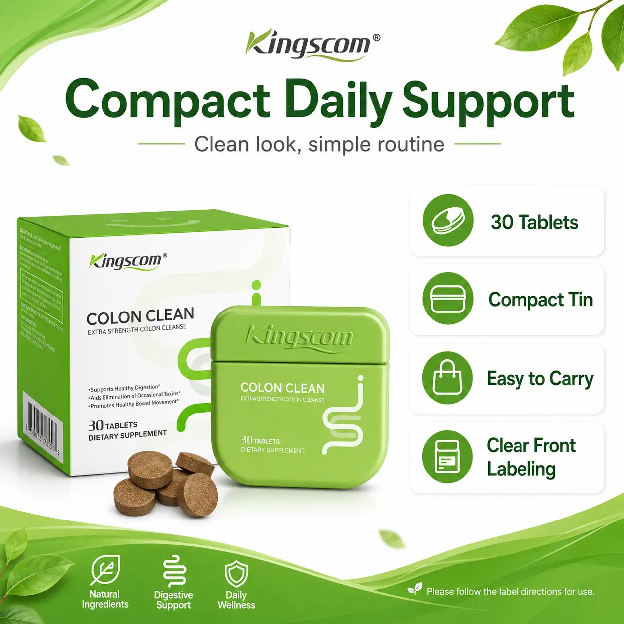 Kingscom Gut Colon Cleanse Tablets, 30 Count Digestive Wellness Supplement, Fiber Support, Plant Based Gut Support, Easy to Take Daily Tablets cleansed