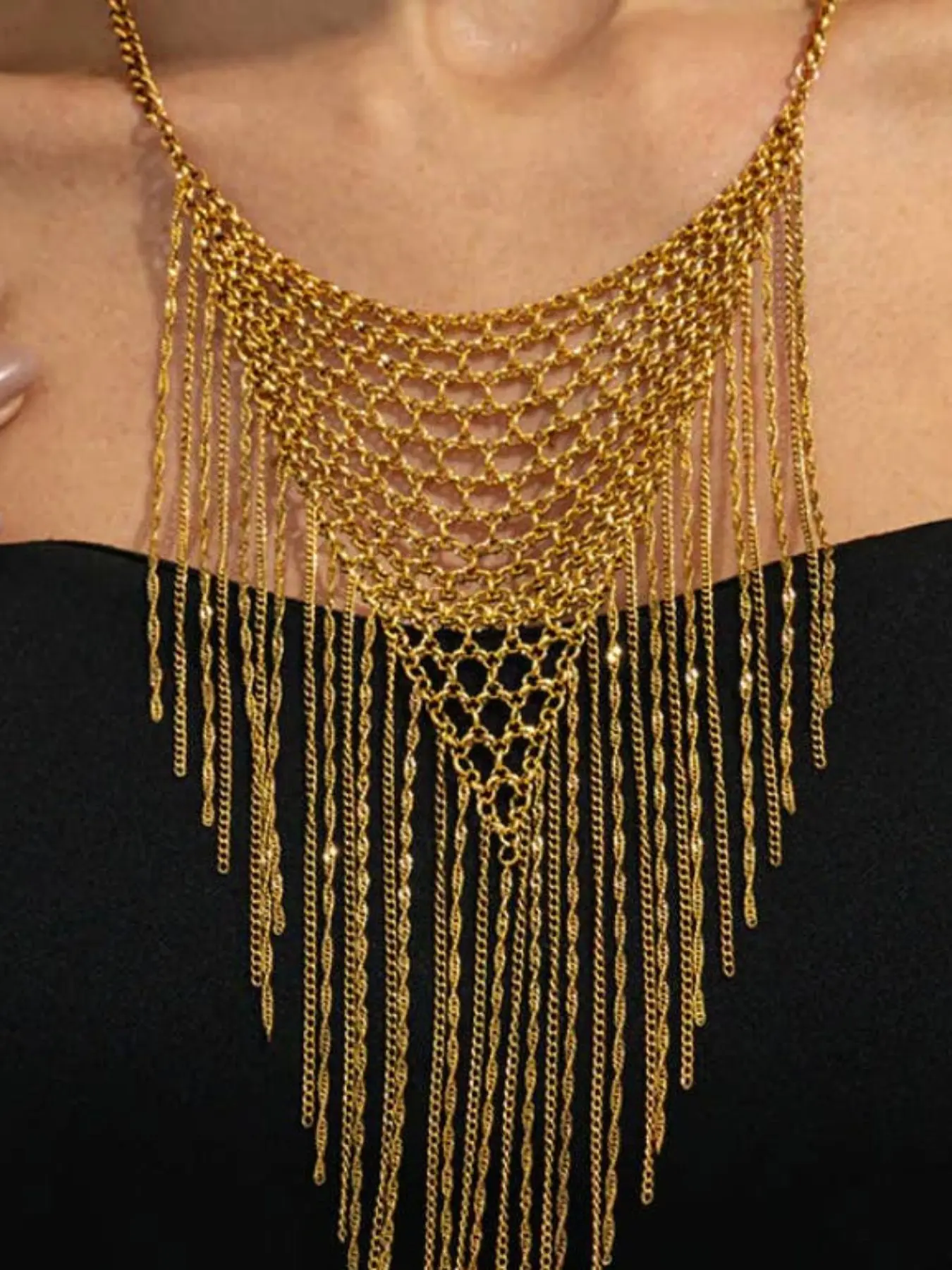 Vintage Metallic Mesh Multi-Strand Dangle Tassel Necklace, Elegant Big Bib Statement Accessory, Y2K Aesthetic Party Look