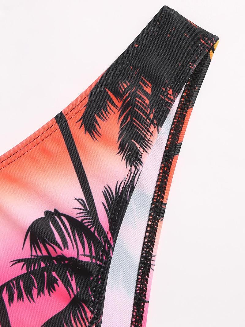 Women's Vacation Palm Tree Printed Halter Bikini Set With Tie Strings And Matching Bikini Set Cover-Up Skirt, Random Print, 4pcs/Set Summer Beach