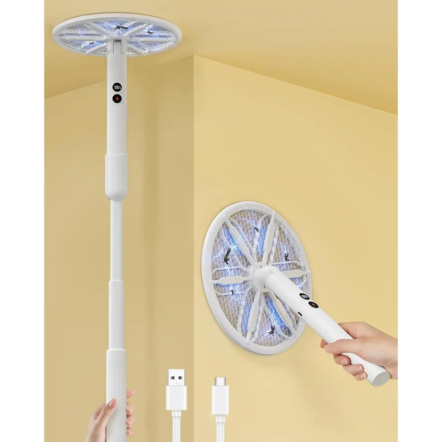 Rotating Head Electric Fly Swatter for Indoors with 16–40" Telescopic Handle, 4000V 2-in-1 UV USB Rechargeable Bug Zapper Indoor Outdoor, Fly Mosquito Killer Catcher Trap for Ceilings and Walls