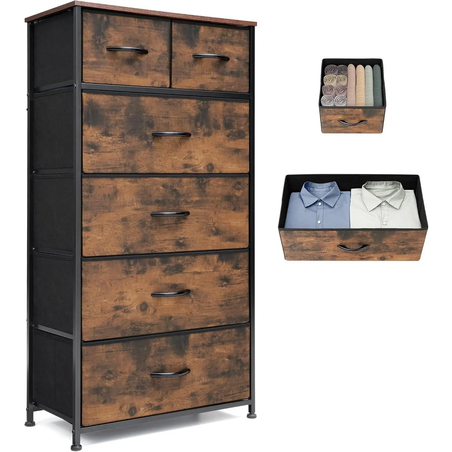 6-Drawer Tall Fabric Bedroom Dresser - Vertical Storage Tower with Steel Frame, Wooden Top, Adjustable Legs, Requires Assembly for Closet, Living Room, 6 Drawers