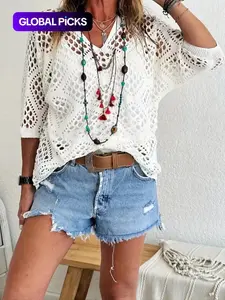 Plus Size Solid Hollow Out Drop Shoulder Knit Top, Loose Fit Casual V Neck 3/4 Sleeve Summer Knitwear for Women, Daily Wear