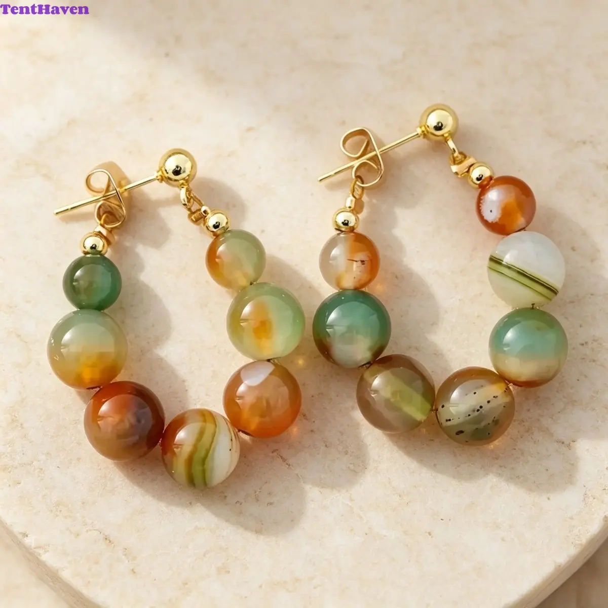 Beaded Hoop Earrings – Bohemian Vintage Drop Earrings, Natural Stone Women Jewelry, Handmade Multicolor Agate Bead Circle Ear Ornaments, Gold Tone Pin Dangle Earrings for Daily Feminine Styling, Smooth Polished Beads Lightweight Comfort Fit Unique Natural