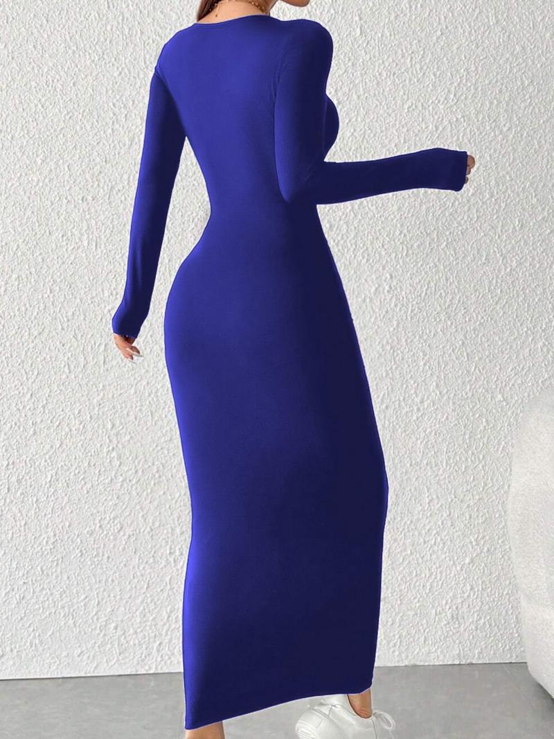 Women's Solid Long Sleeve Bodycon Dress, Chic Basic Minimalist Casual Fashion Scoop Neck Long Dress for Daily Outdoor Wear, Ladies Dress for Spring & Fall