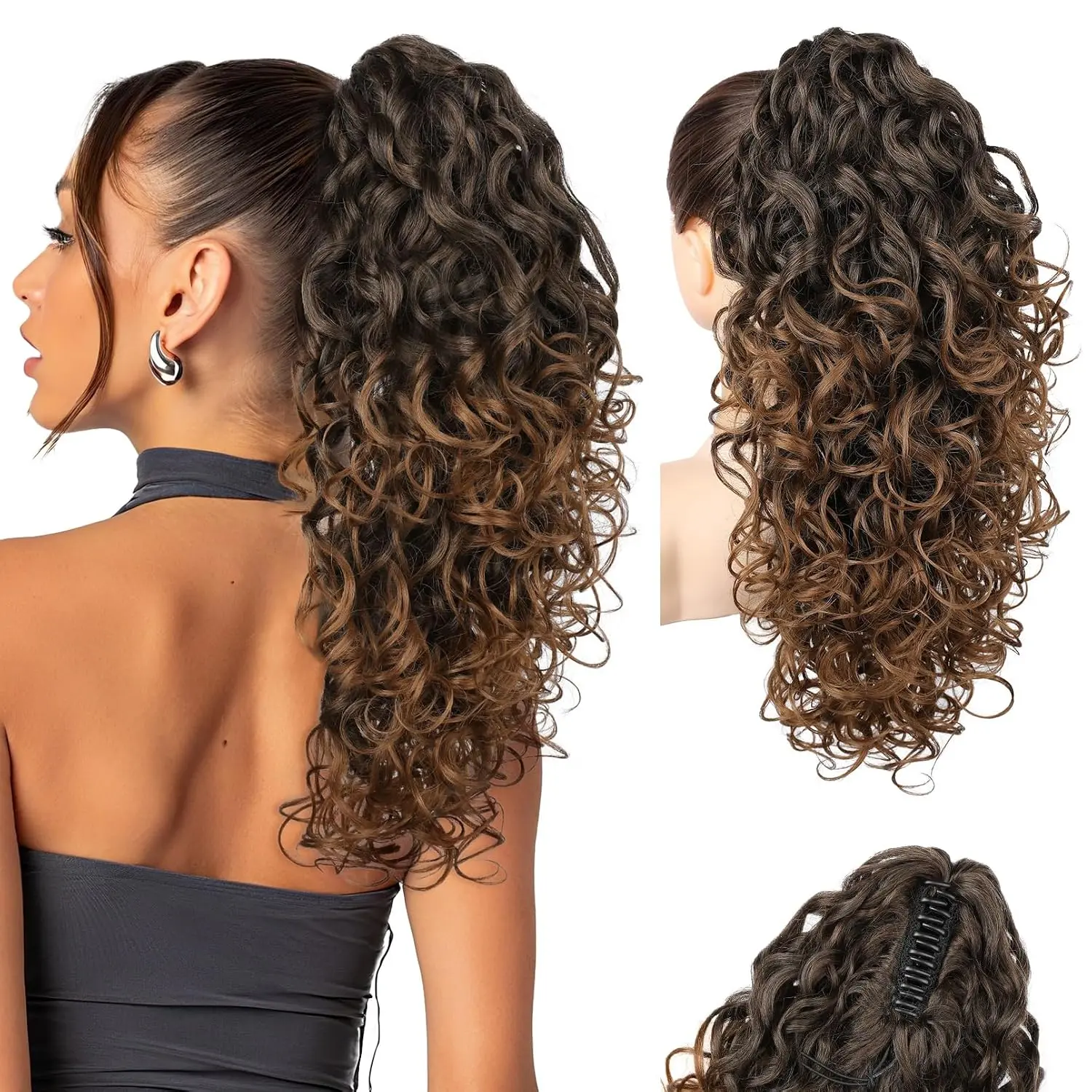 Protein Ponytail Extension, 18 Inch Curly Claw Clip Ponytail Hair Extensions  Soft pony tail hairpiece for women-Dark Almond Brown with Copper