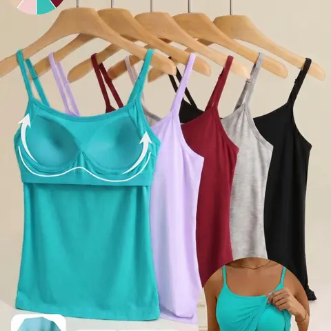 Women's Summer Thin Farbic 2-In-1 Bra Cup Tank Top, Adjustable Straps, Fresh&Comfortable Casual Plain Inner Layer, Sleeveless Fitted Soft Vest,Home&Sleep Cami Top, Casual Comfy Camisole