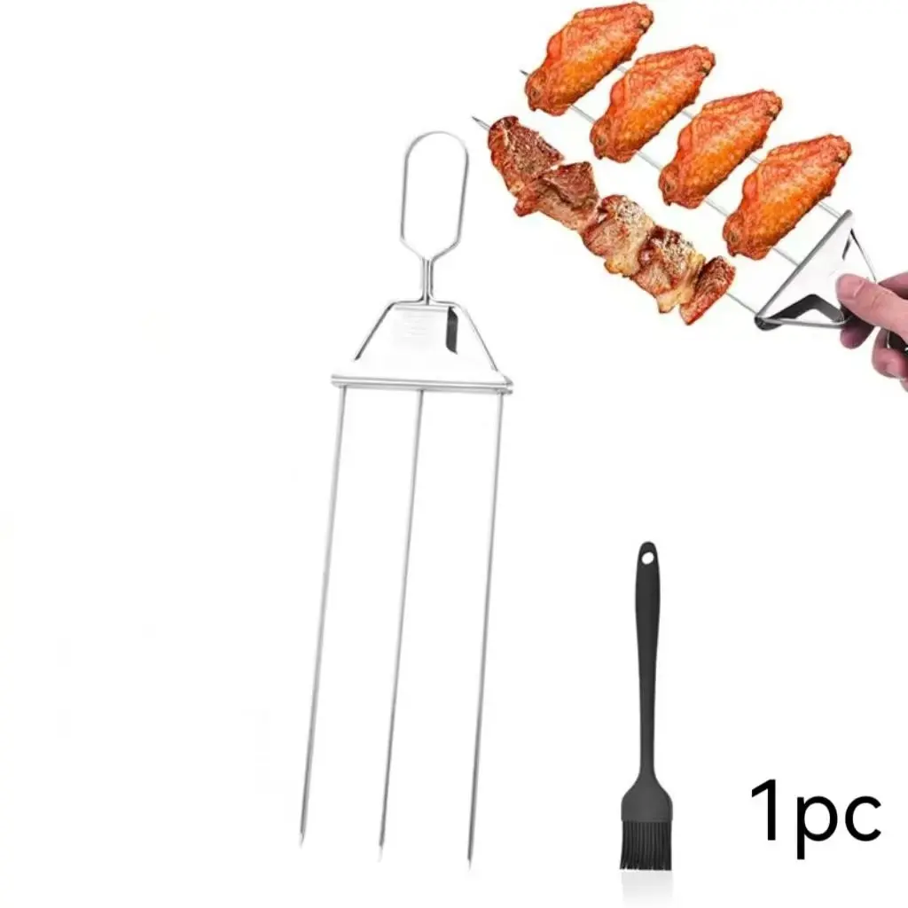 2026 New Triple-Use Grill Skewers, Stainless Steel Reusable Metal Skewers with Push-Pull Rod, Ideal for Meat, Chicken, Sausage, Vegetables, Shrimp