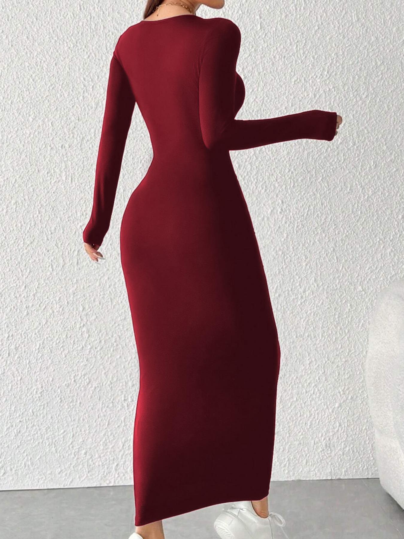 Women's Solid Long Sleeve Slim Bodycon Dress, Chic Basic Minimalist Casual Fashion Scoop Neck Long Dress for Daily Outdoor Wear, Ladies Dress for Spring & Fall