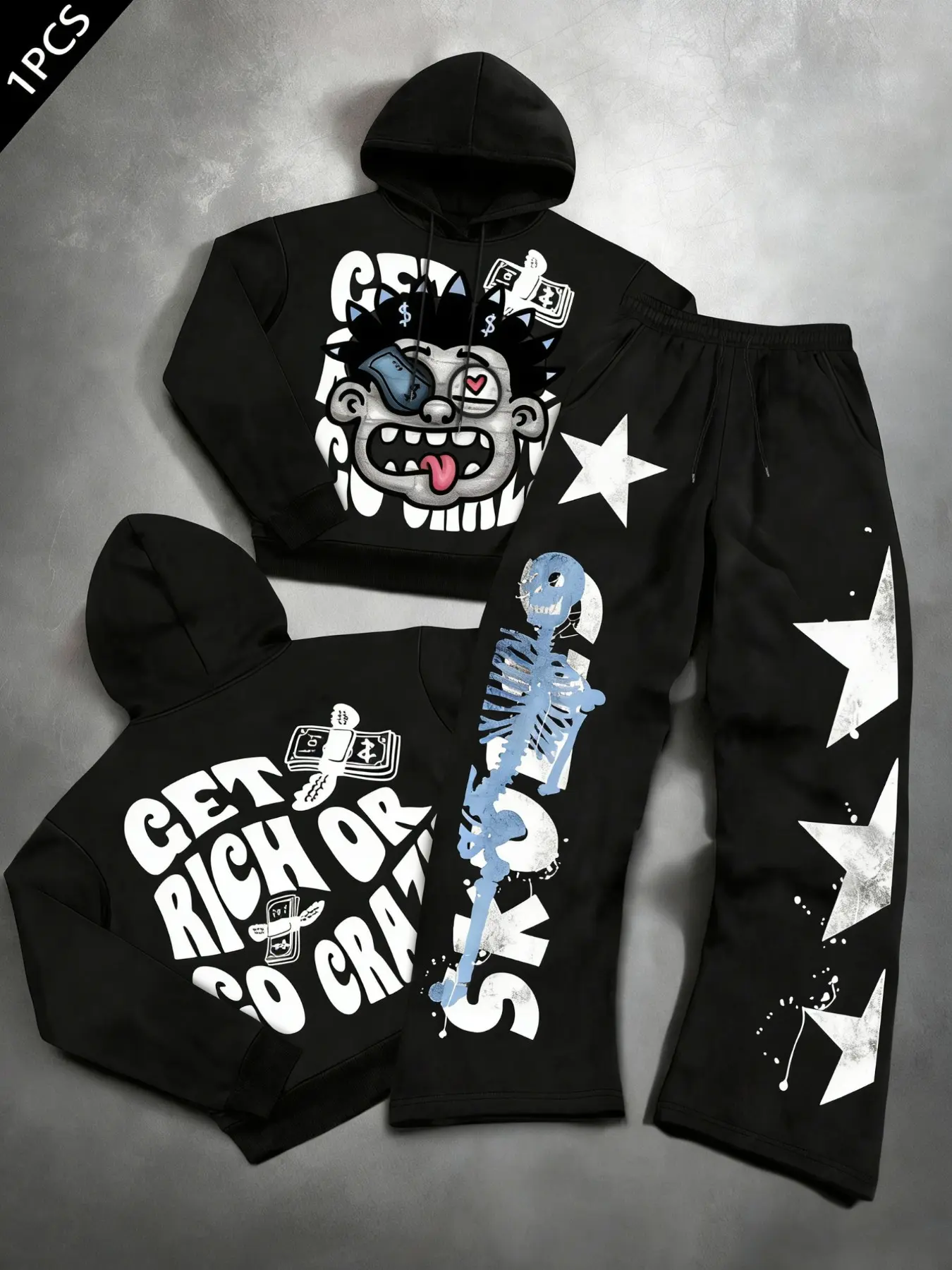 Men's Y2K Hip Hop Two-Piece Set, Cartoon Portrait Hoodie, Skull Star Print Pants, Casual Streetwear for Skateboarding, Campus, Music Festivals