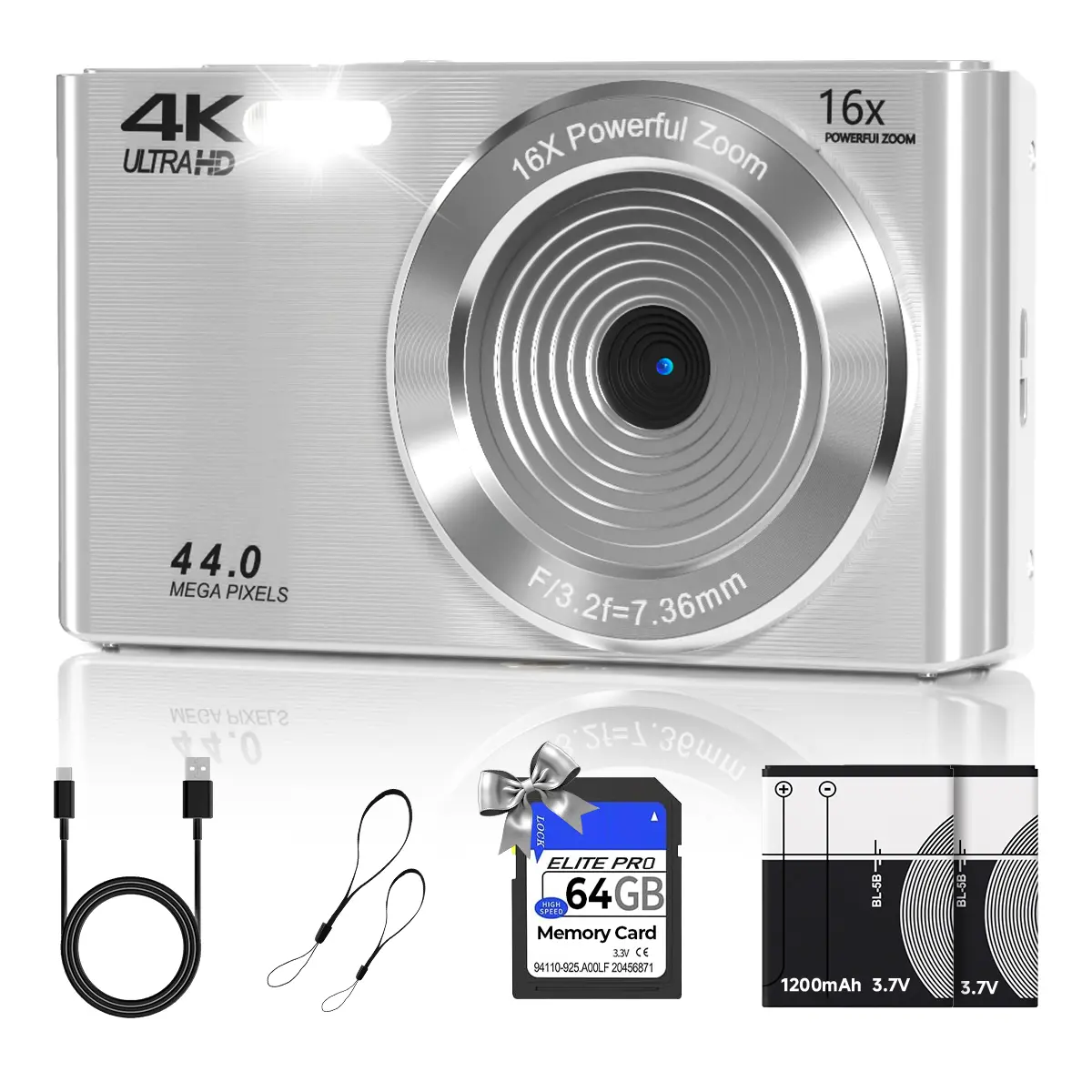 4K Digital Camera for Vlogging, Y2K Metallic Silver Compact Digicam with 44MP & 16X Digital Zoom, PC Webcam, Student Gift Kit (64GB Card & 2 Batteries)