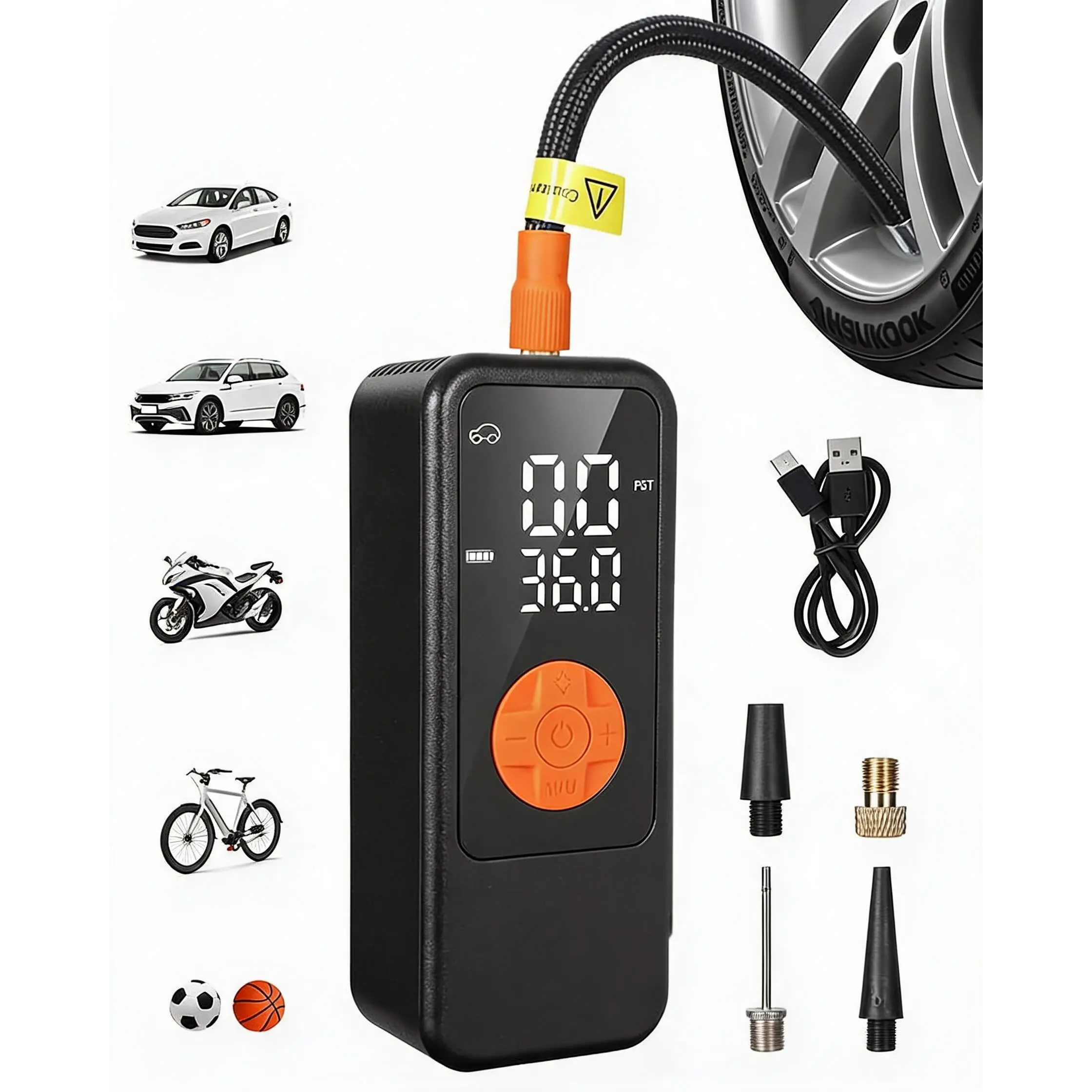 150PSI Cordless Portable Tire Inflator, Digital Display Air Compressor with Auto Shut Off, Type-C Rechargeable & Built-in LED Light, Fast Inflation Pump for Car Motorcycle Bike Tires and Sports Balls Emergency Use