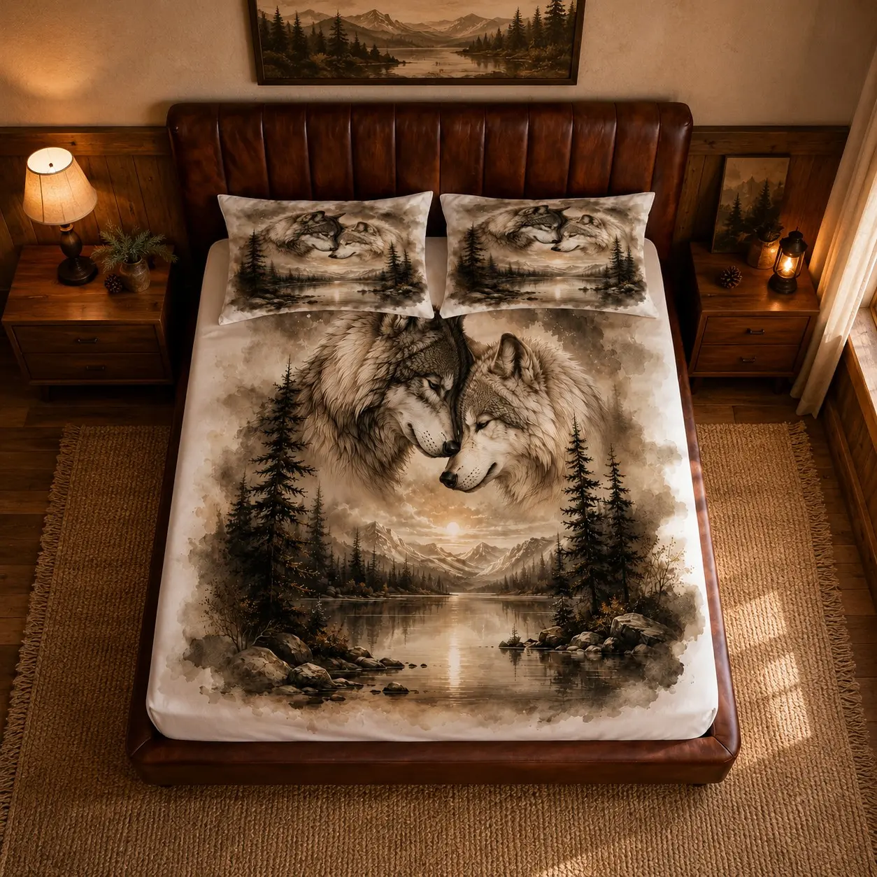 Mountain Forest Twin Wolf 3-Piece Fitted Sheet Set, 1 Fitted Sheet + 2 Pillowcases (No Inserts), Deep Pocket Bedding, Soft & Breathable, Bedroom Decor for Teens & Adults, Stylish Bedding for Hotels, Homestays & Apartments, Birthday & Holiday Gift