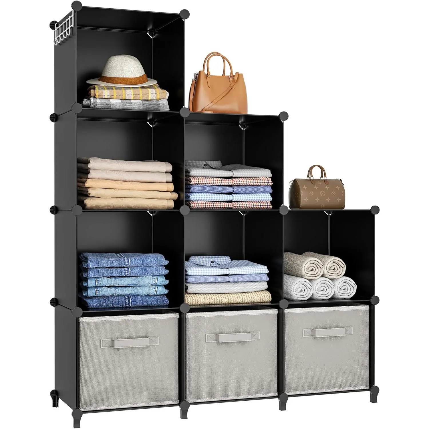 Black Plastic Lightweight Adjustable 9-Cube Pet Wardrobe Organizer with Metal Insert, Portable Storage Shelves for Clothes, Books (Bedroom Use)