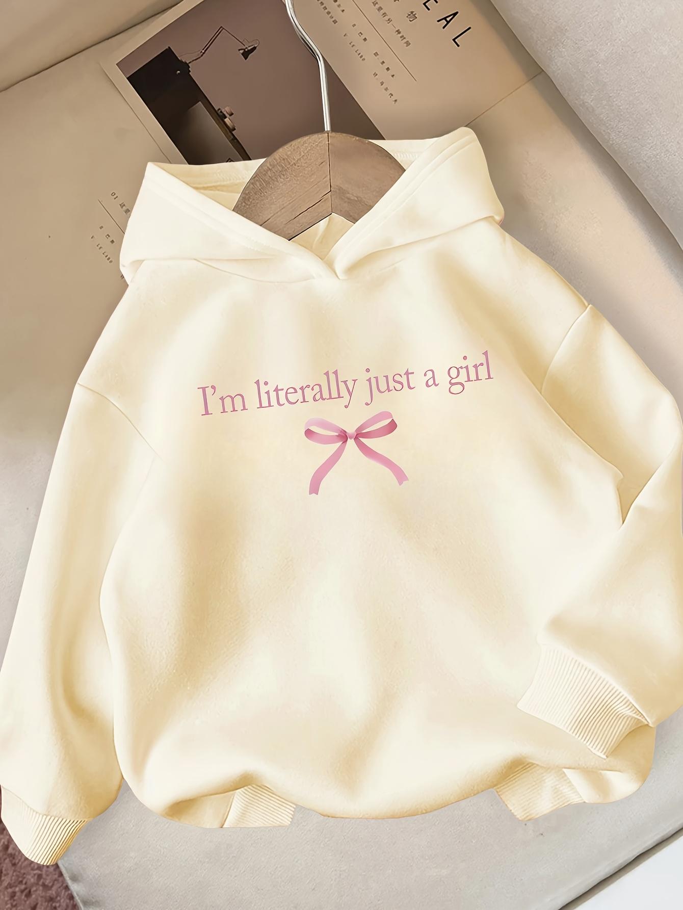Girls' Autumn Winter Hooded Sweatshirt - Long Sleeve Casual Pullover with "I'm Literally Just a Girl" Print & Pink Bow Detail, Vibrant Red, Regular Fit, Hand Wash/Dry Clean, Sweaters for Girls