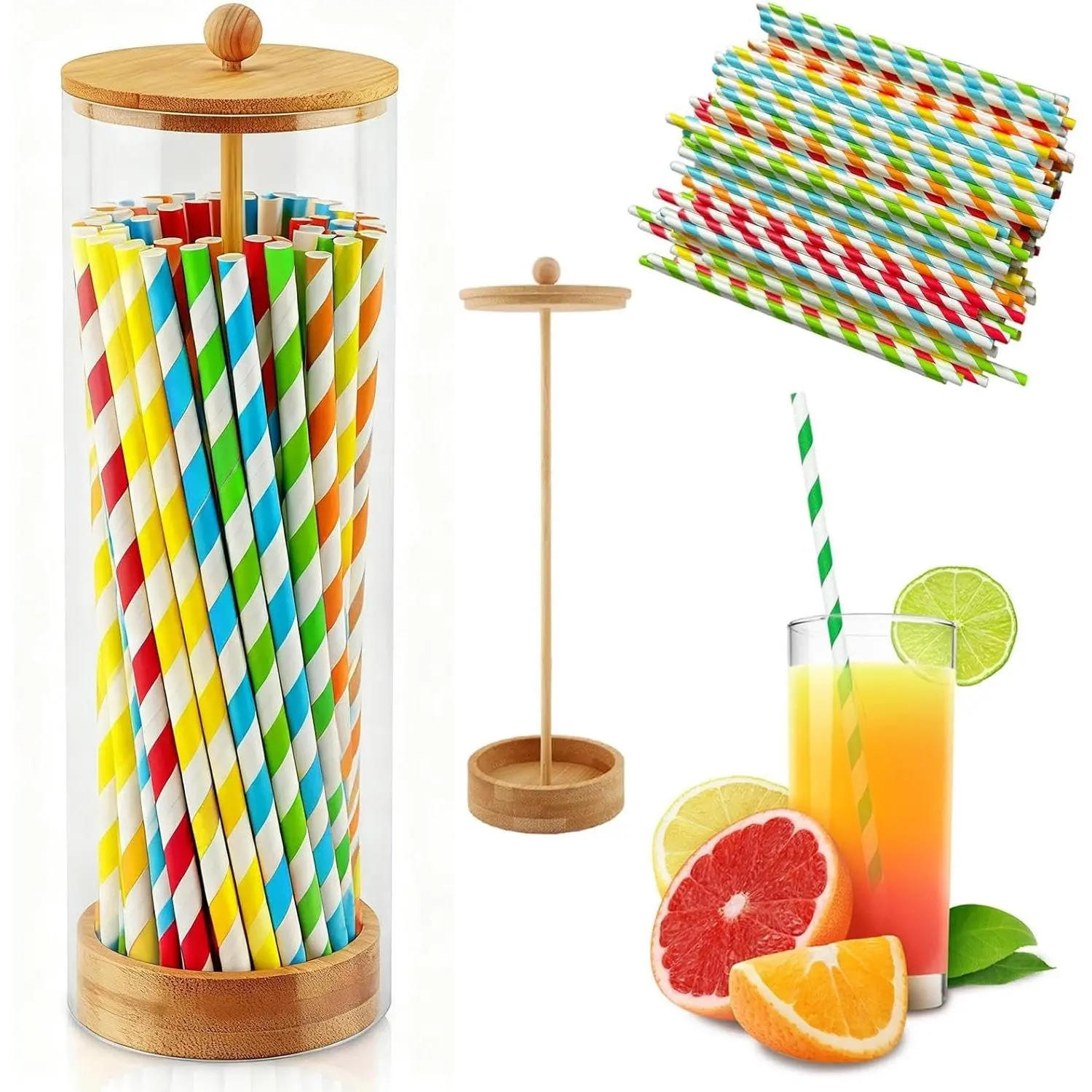 Clear Straw Holder Dispenser for Counter, Drinking Straw Organizer Container with Bamboo Lid Transparent Straws Storage Holder, Include 100 Straws(COLOR:Colorful Straws)