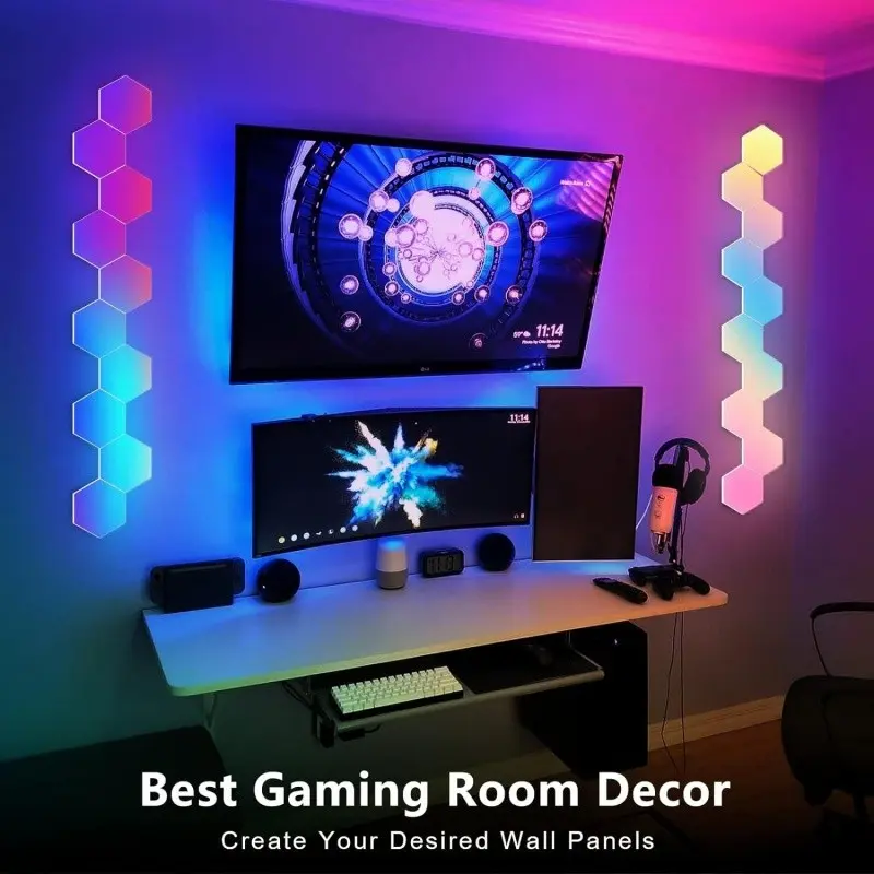 Hexagonal LED wall lamp, RGB gaming light, with APP and remote control functions, adjustable brightness, music synchronization. Honeycomb-shaped hexagonal lights, suitable for bedroom, living room, gaming, KTV, and bar decoration lighting.