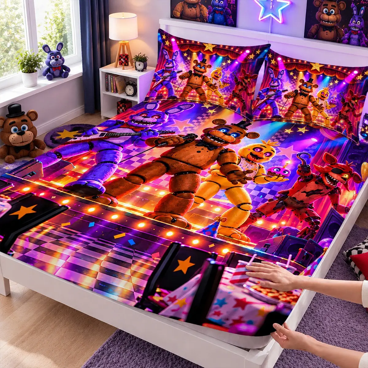 3-Piece *Five Nights at Freddy's* Printed Bed Sheet Set (includes 1 fitted sheet and 2 pillowcases; comforter and pillow inserts not included) — perfect for home or dorm decor, and an excellent gift for the holidays.