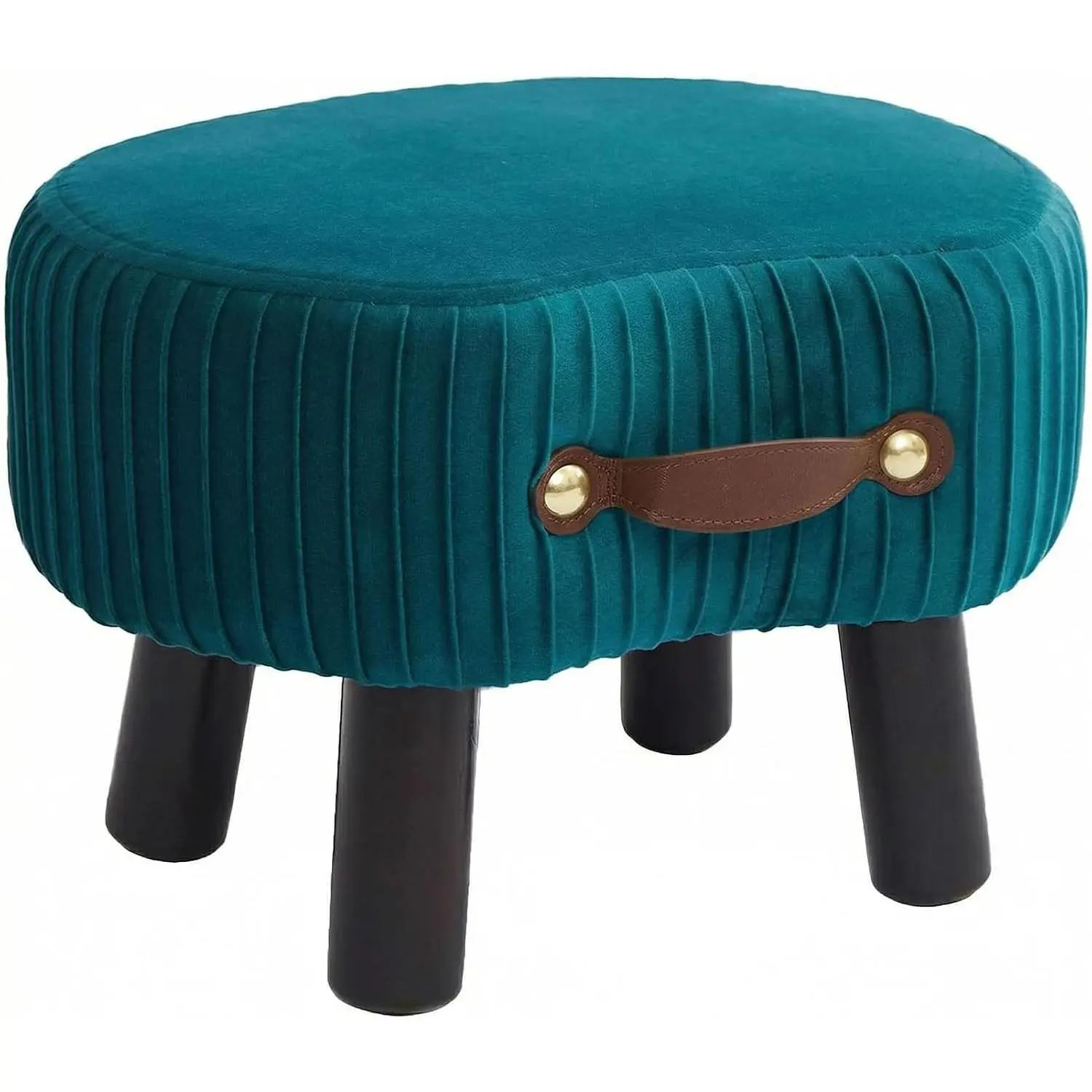 Foot Stools Small, Ottomon with Handle, Velvet Footrest Ottoman | Curved Foot Stool with Padded Seat Wooden Legs, Portable Foot Rest for Living Room, Bedroom, Entryway, (Peacock Blue)