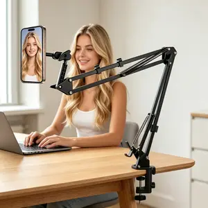 Magnetic Phone Holder, Desktop Stand, Long Arm Foldable Adjustable, Clip Included, Tablet Stand, Live Streaming Stand, Manual Adjustment
