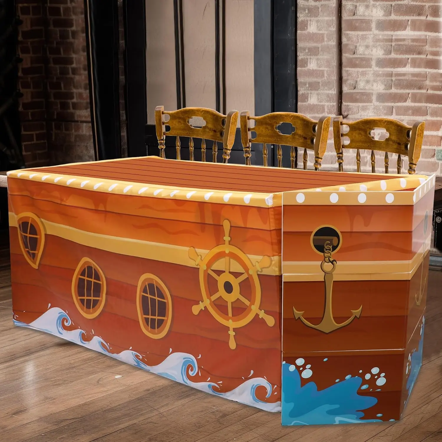 72x30 In Nautical Pirate Party Tablecover, Paper Pirate Ship Table Cloth with 3 Pcs Prow Cardboard for Halloween, Birthday Party Supplies Decorations (Includes Peat Element)
