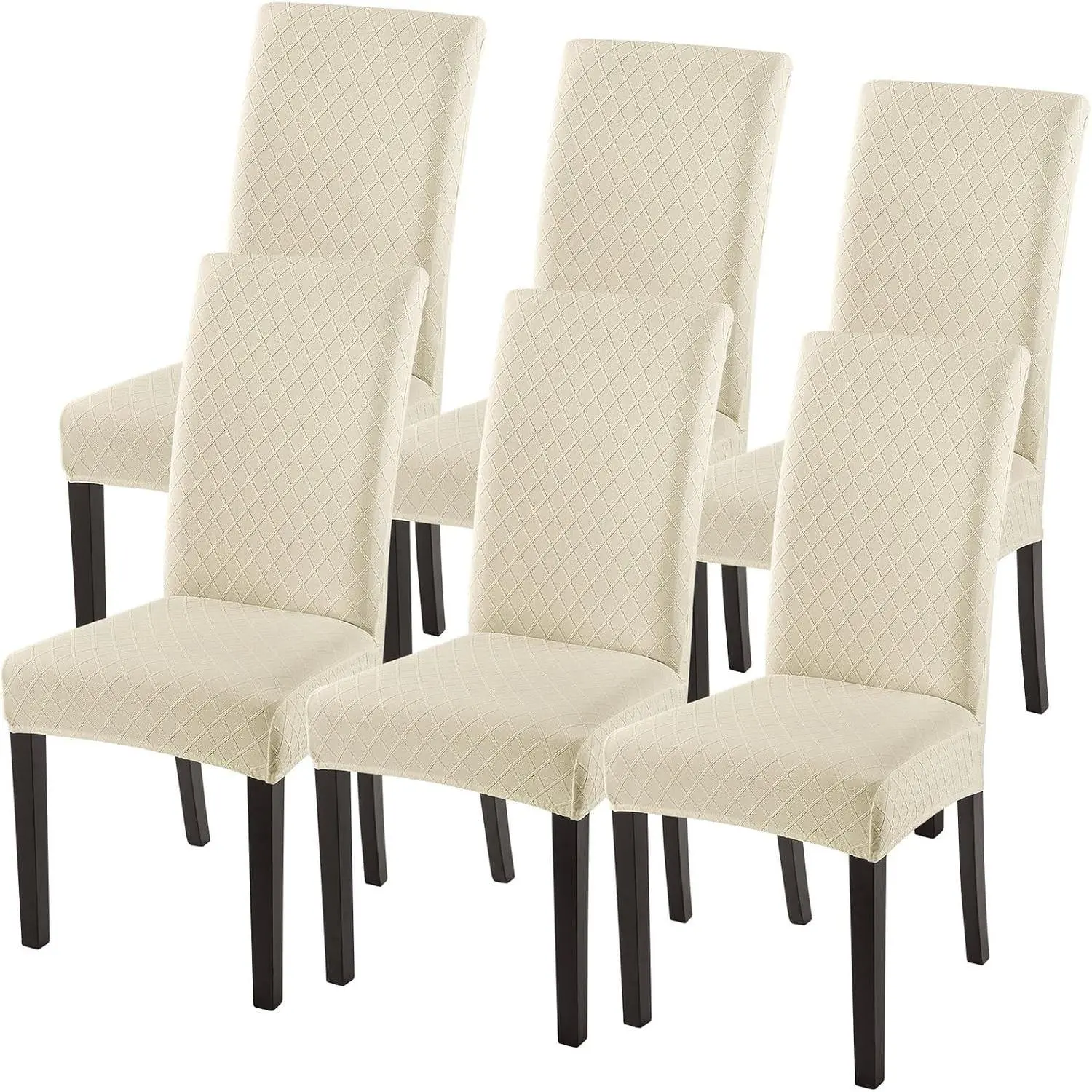 Dining Room Chair Covers Set of 6, Stretch Jacquard Parsons Chair Slipcovers Super Fit Removable Washable Kitchen Chair Protector Cover for Dining Room, Hotel, Ceremony (Beige Rhombus)