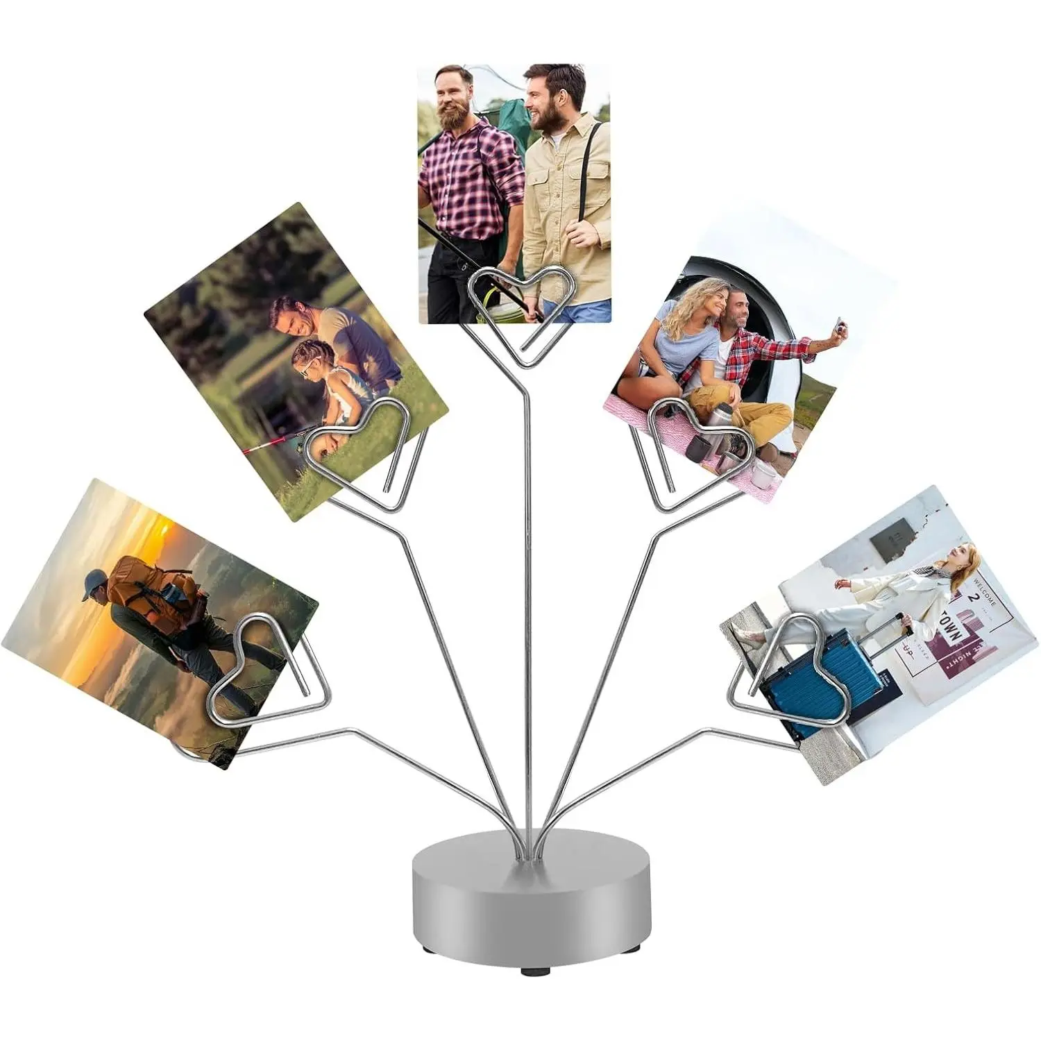 Silver 5-Branch Heart-Shaped Photo Tree Desk Stand with Round Base, Photo Clips Family Picture Frame Card Display Holder for Christmas, Party Gifts