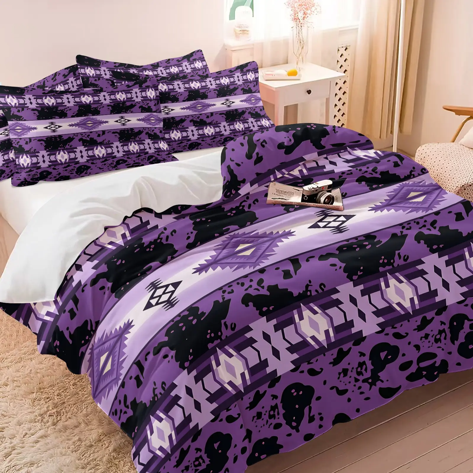 2/3Pcs Purple Western Leopard Aztec Geometric Duvet Cover Set Soft Microfiber Bohemian Tribal Bedding Set No Comforter Modern Striped Pattern Bed Cover For Bedroom Decor All Season Use
