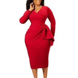 Spring Summer Clothes Elegant Bodycon Dresses for Women V Neck Full Sleeve Solid Sheath Autumn Winter New Dress Professional Business Work Dress Midi