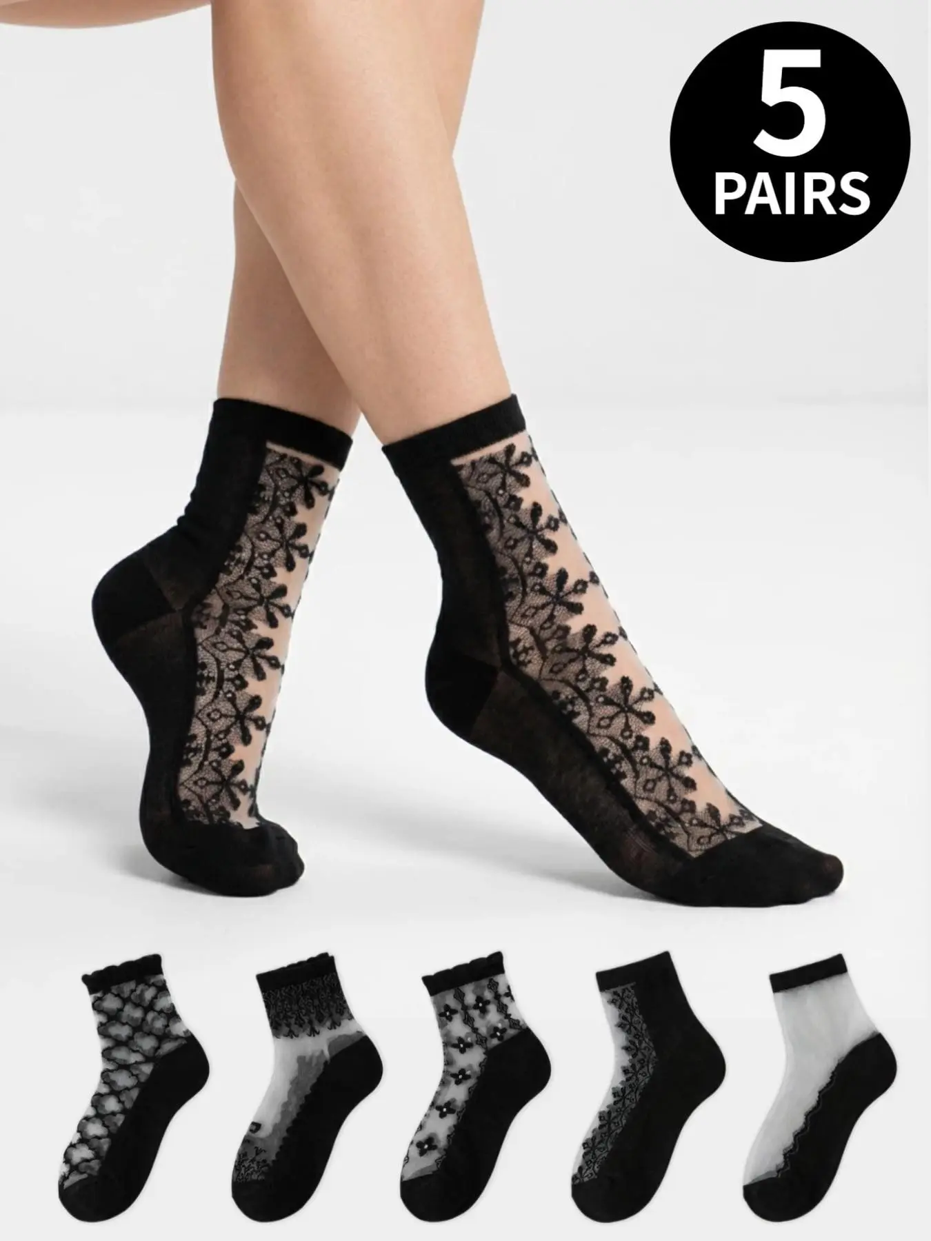 5-Pair Set of Black Lace Sheer Knee-High Socks, Thigh-Highs, Ankle Socks, and Crew Socks for Women; Casual and Sexy Retro-Patterned Floral Fishnet Sock Set; A Must-Have for Dark and Sweet Style Outfits; Multiple Designs Available