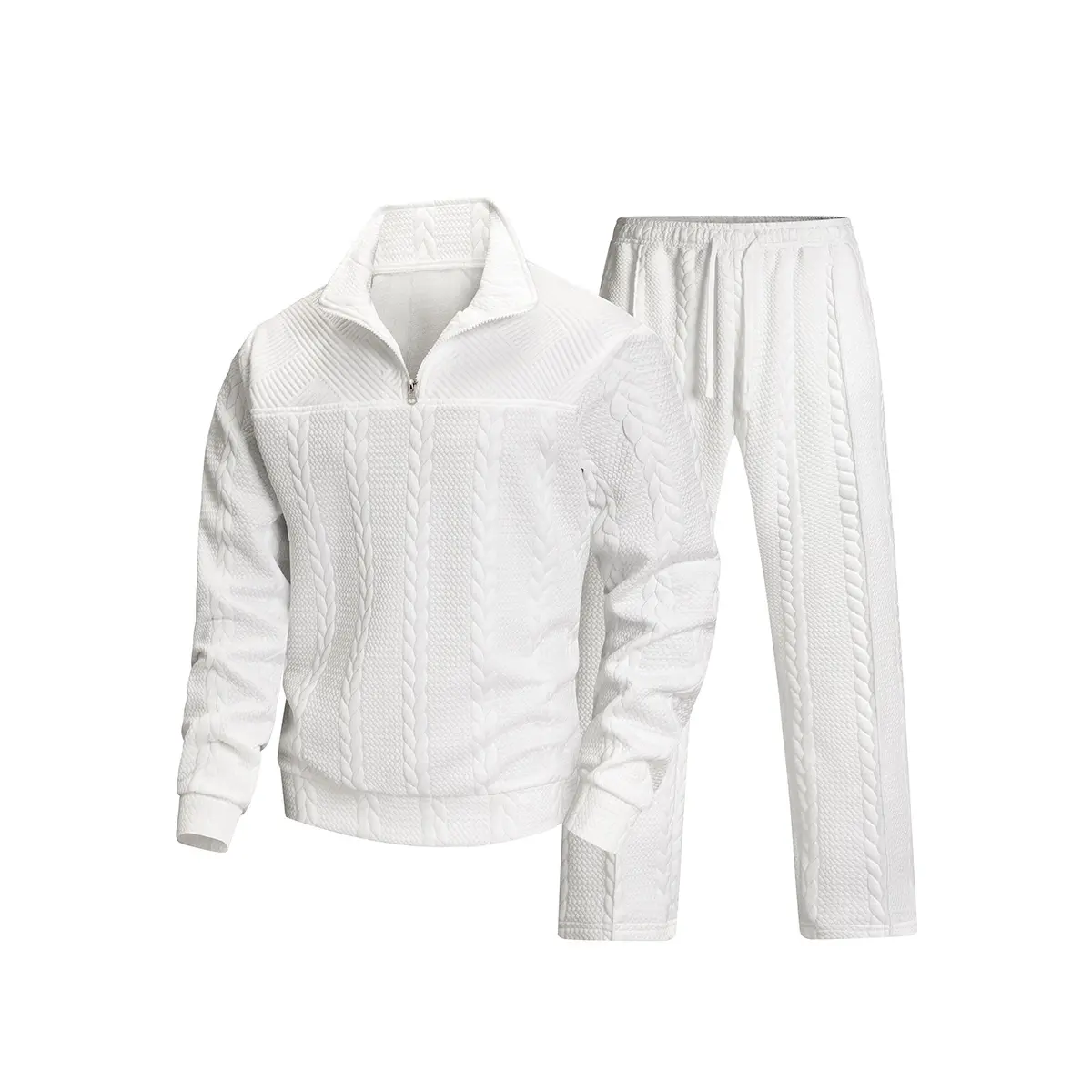 Men's 2-Piece Textured Cable Knit Tracksuit, Fitted Cut Half-Zip Pullover & Straight Leg Sweatpants Set for Casual Wear, Machine Wash