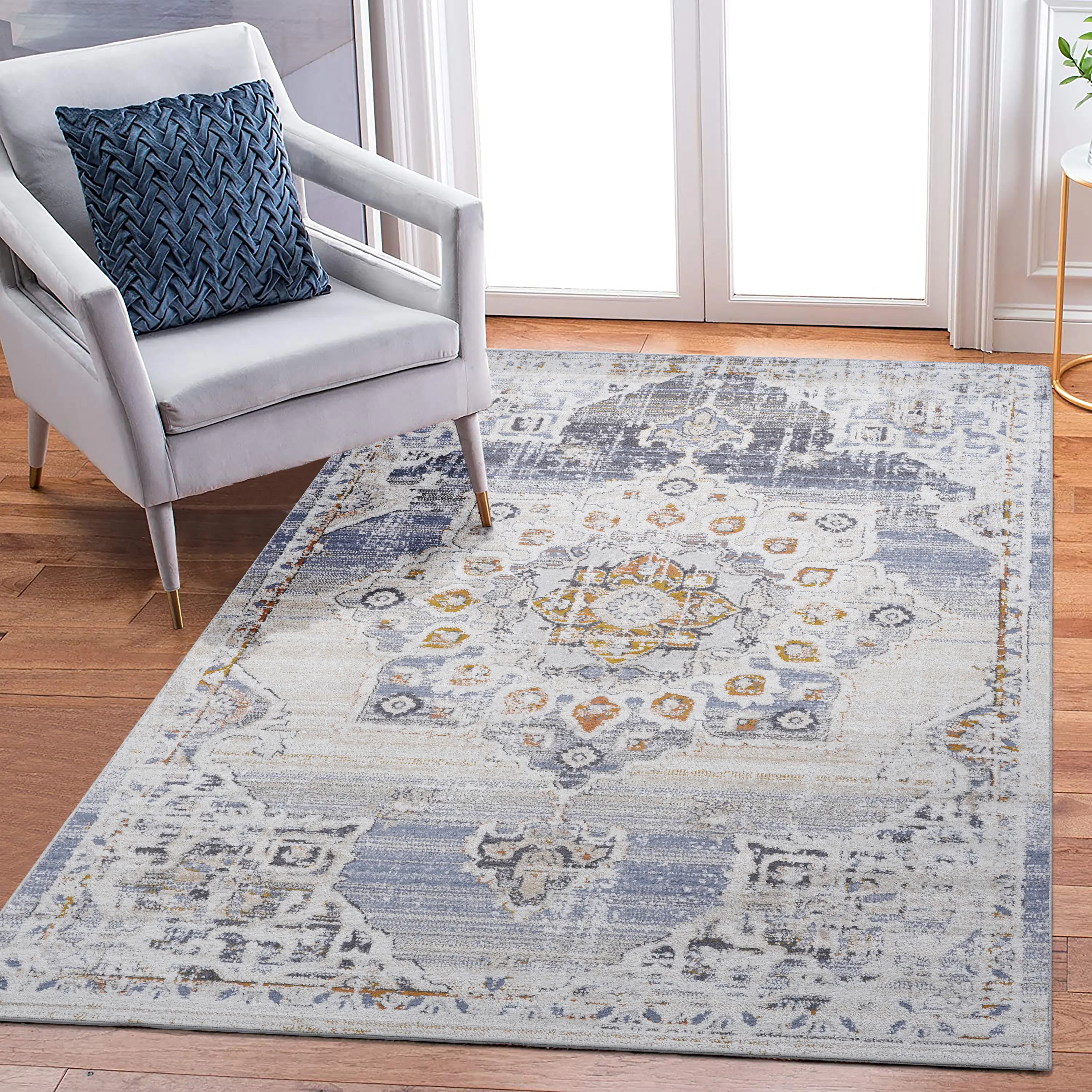 ARCH Modern Medallion Area Rug 5.3x7.6 Cream Gold Non-Shedding Easy to Clean Carpet for Living Room Bedroom Dining Space Contemporary Home Decor Floor Mat 90x63 Inch, Home Furniture and Household Product Search Terms for US Online Shopping