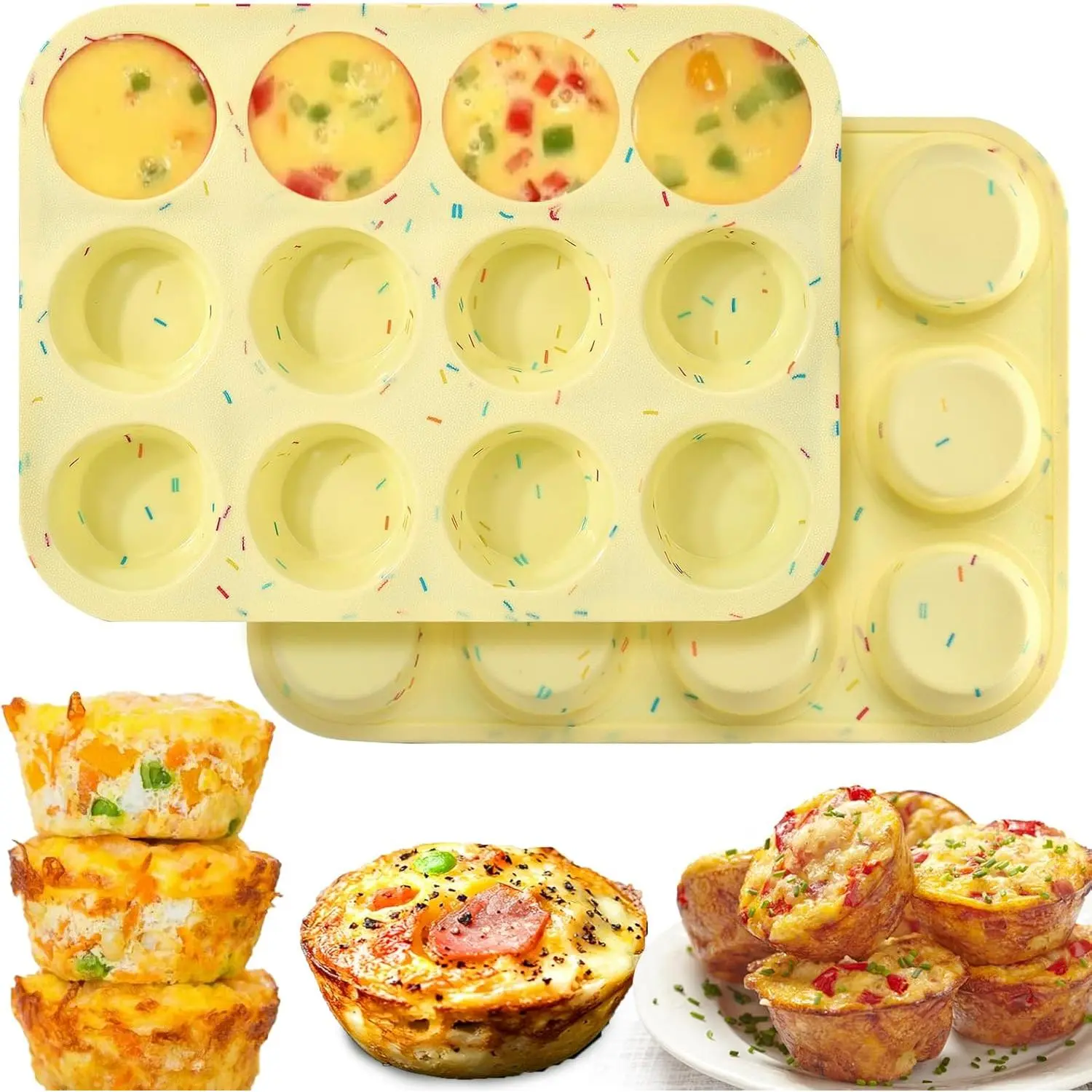 Silicone Egg Bite Molds - 2-Pack 12-Cavity Sturdy Metal-Reinforced Nonstick Kitchen Pan for Baking Cheese Bites, Tarts, Dog & Cat Treats, Weddings, Company Parties, Dishwasher Safe