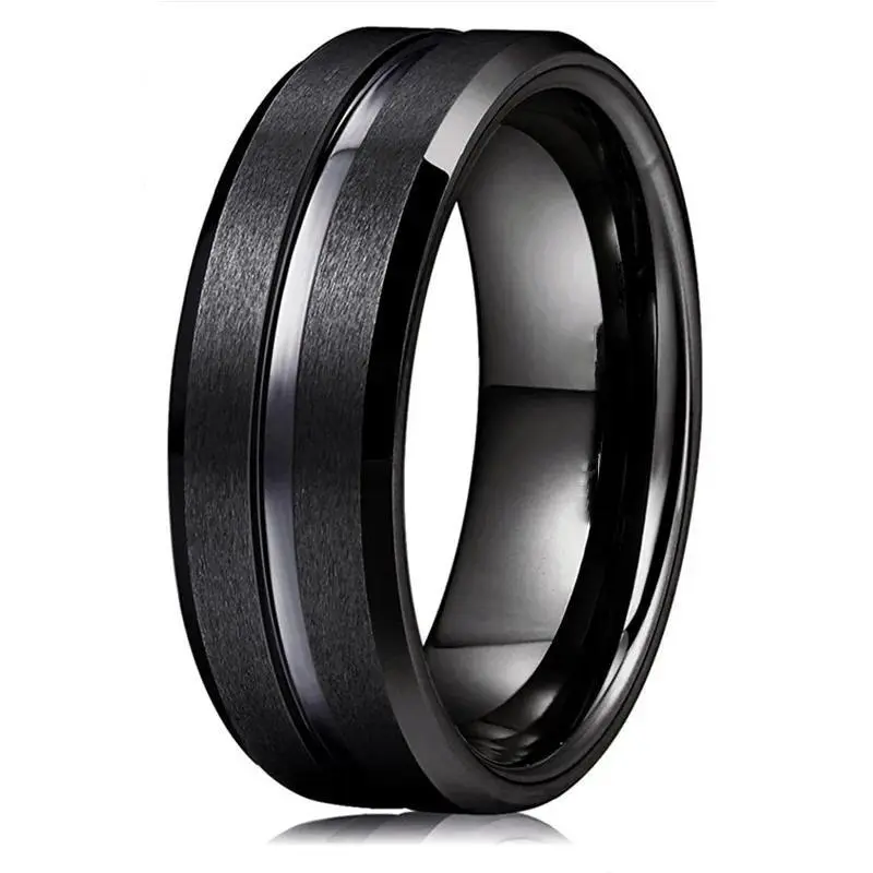 Men's 8mm Black Tungsten Grooved Band Ring - Elegant Beveled Edge Band-Shaped Ring for Engagement, Size 6-13, Valentine's Day Costume Jewelry Gift