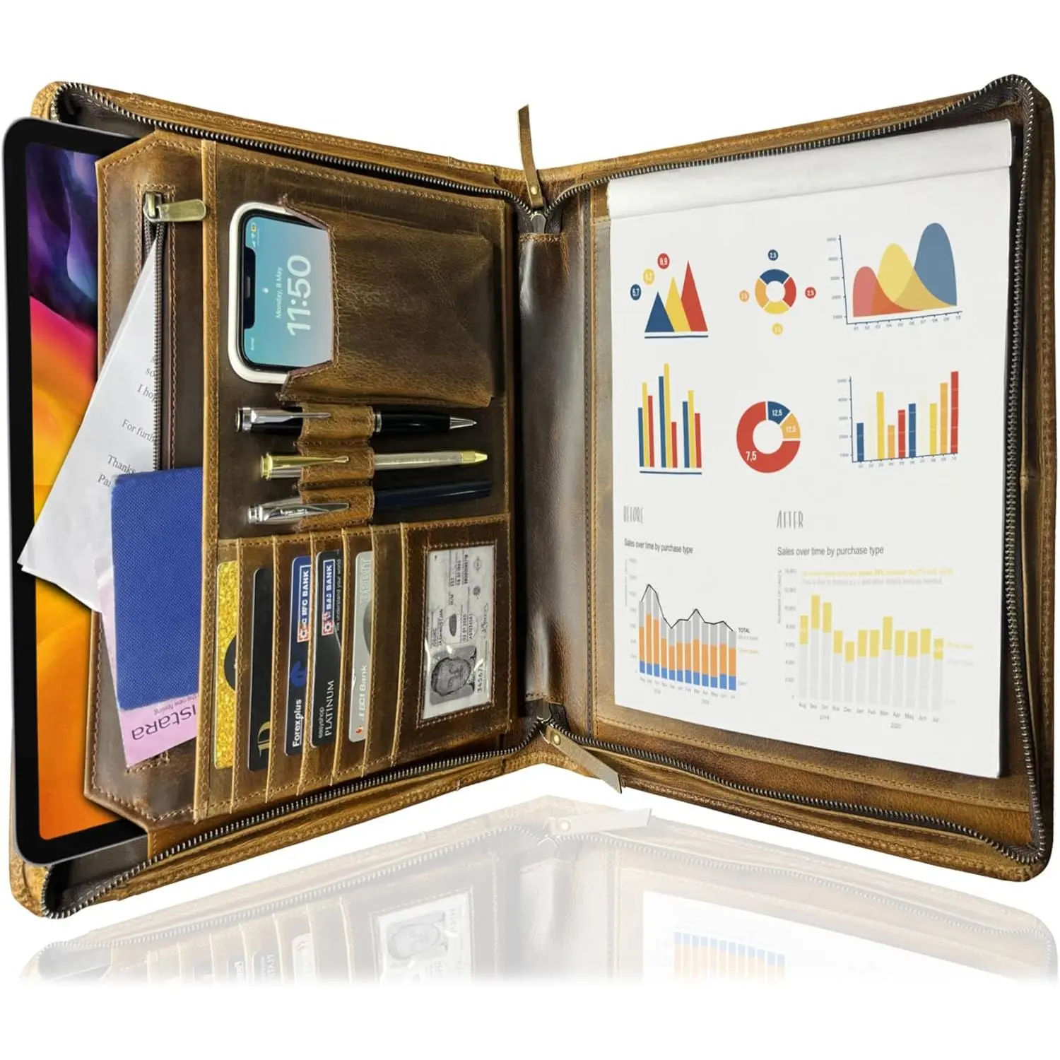 Men's Full Grain Leather Portfolio - A4 Zippered Padfolio Document Holder, Padded Cover, Professional Desk Organizer with Zip Security, 12.9in Tablet/iPad Fit, Secure Pockets for Documents, Cards, Pens, ID, Conference Folder for Executives